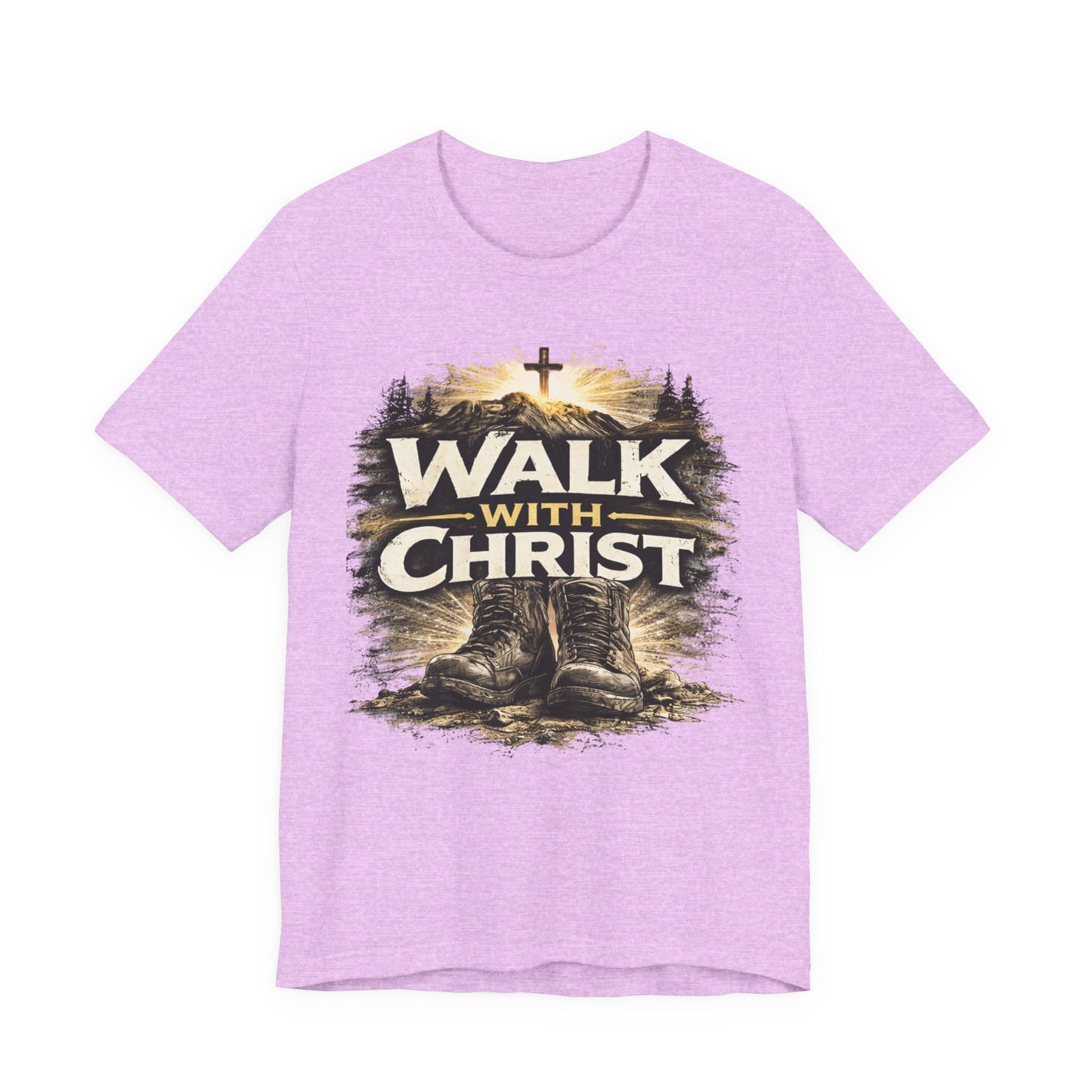 Walk With Christ T-Shirt — Christian Faith Tee with Boots & Cross Design