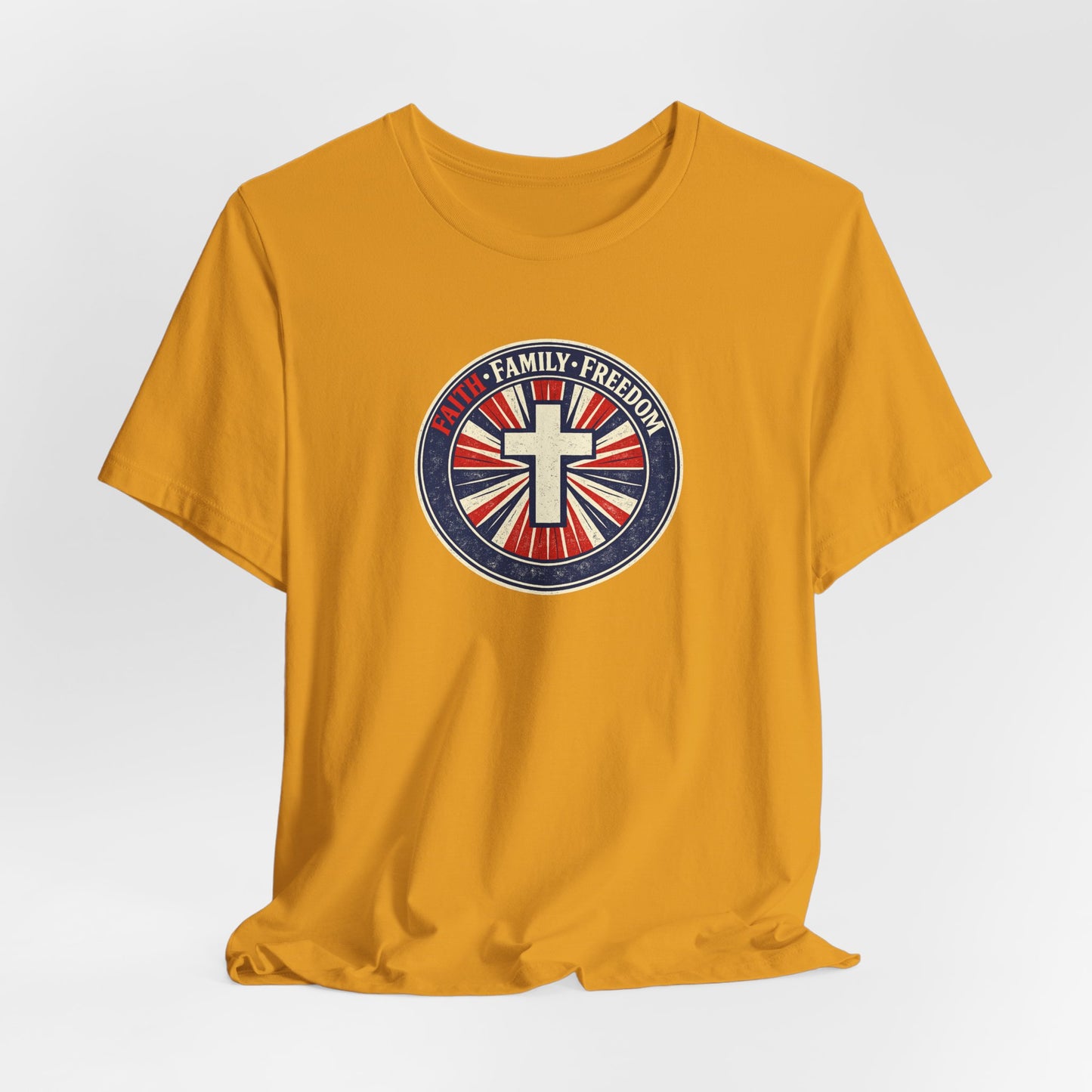 Faith Family Freedom T‑Shirt — Cross Emblem Patriotic Graphic Tee
