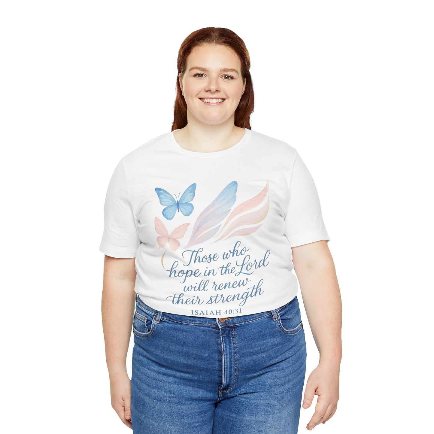 Inspirational Scripture T-Shirt – "Those Who Hope in the Lord" Isaiah 40:31, Pastel Butterflies