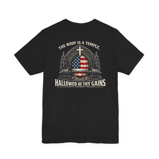 Patriotic Gym Tee — “The Body Is a Temple” American Flag Fitness T-Shirt