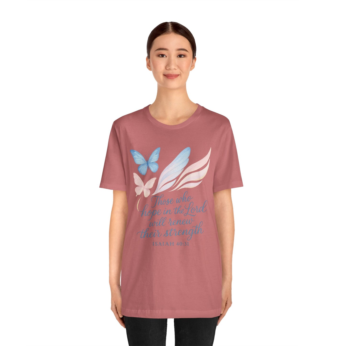 Inspirational Scripture T-Shirt – "Those Who Hope in the Lord" Isaiah 40:31, Pastel Butterflies