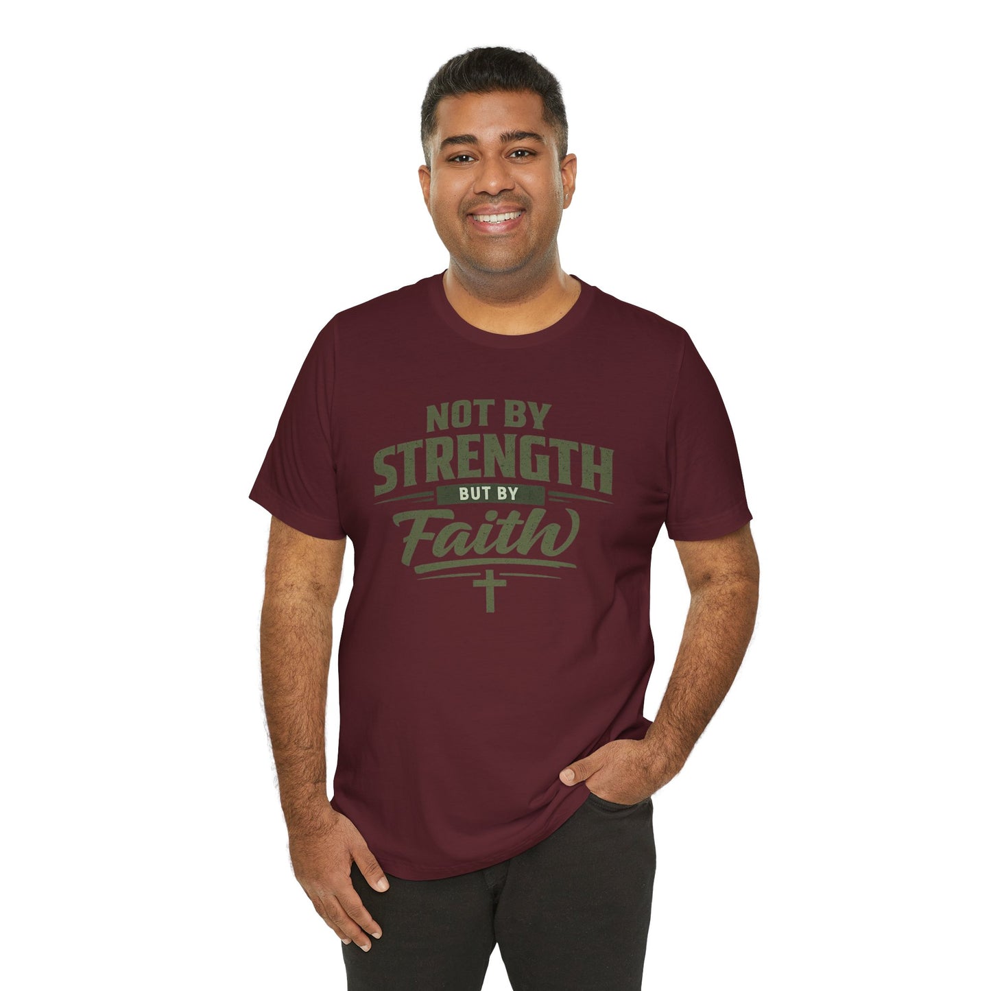 Faith Graphic Tee — "Not By Strength But By Faith" Christian T-Shirt