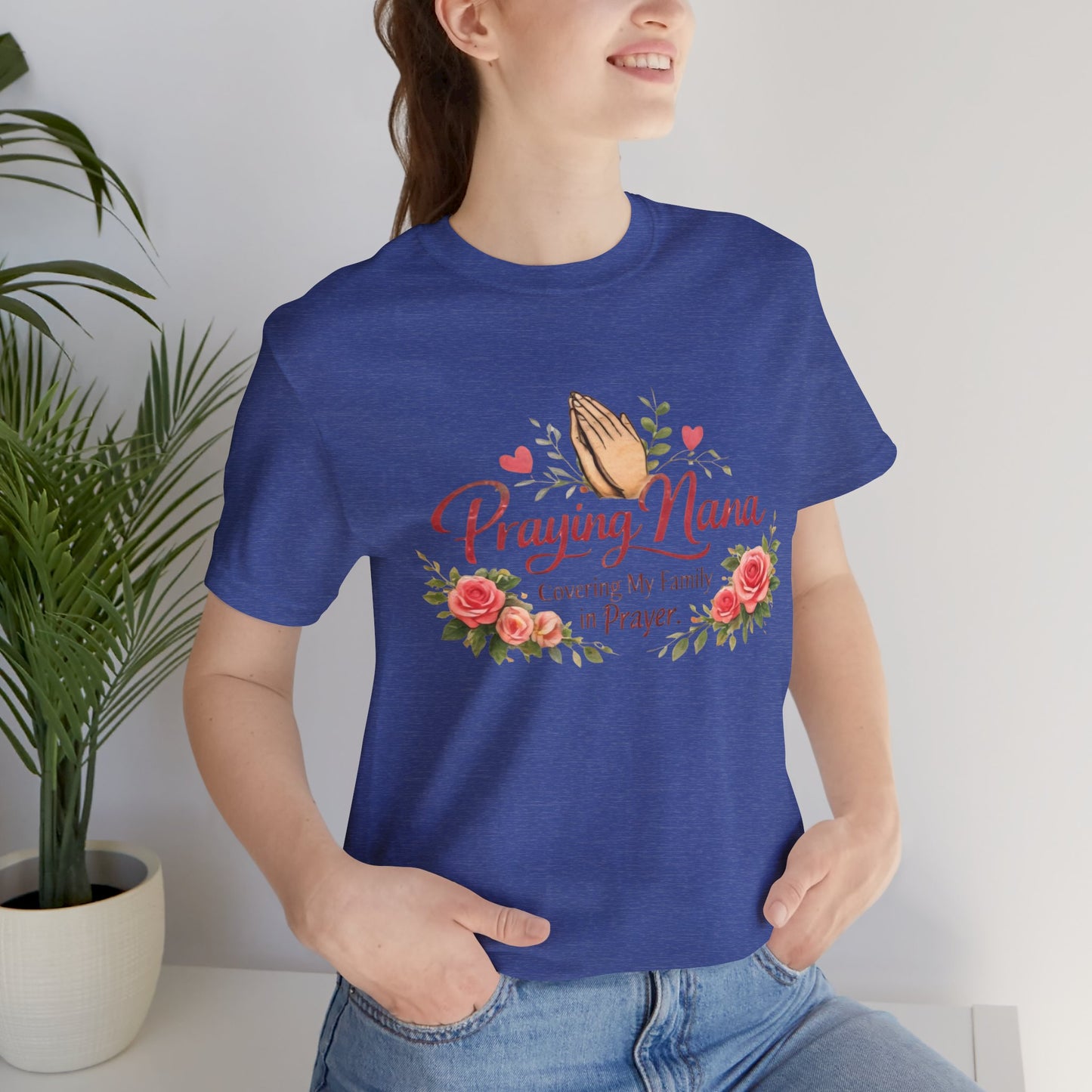 Praying Nana T-Shirt – Floral Praying Hands "Covering My Family in Prayer" Grandma Gift