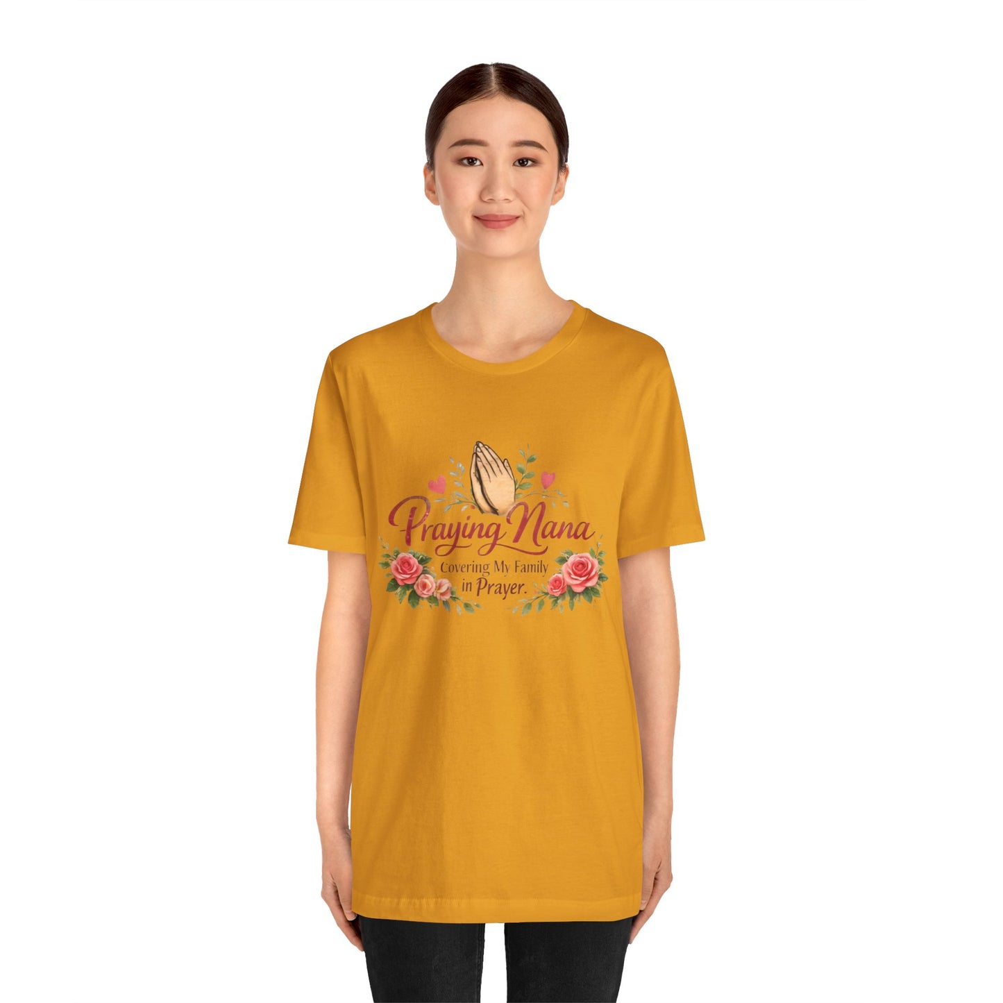 Praying Nana T-Shirt – Floral Praying Hands "Covering My Family in Prayer" Grandma Gift