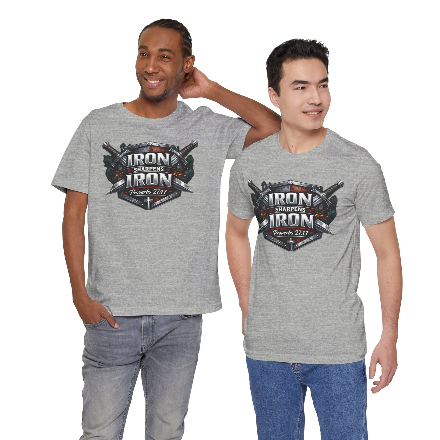 Iron Sharpens Iron T-Shirt — Faith-Based Proverbs 27:17 Graphic Tee