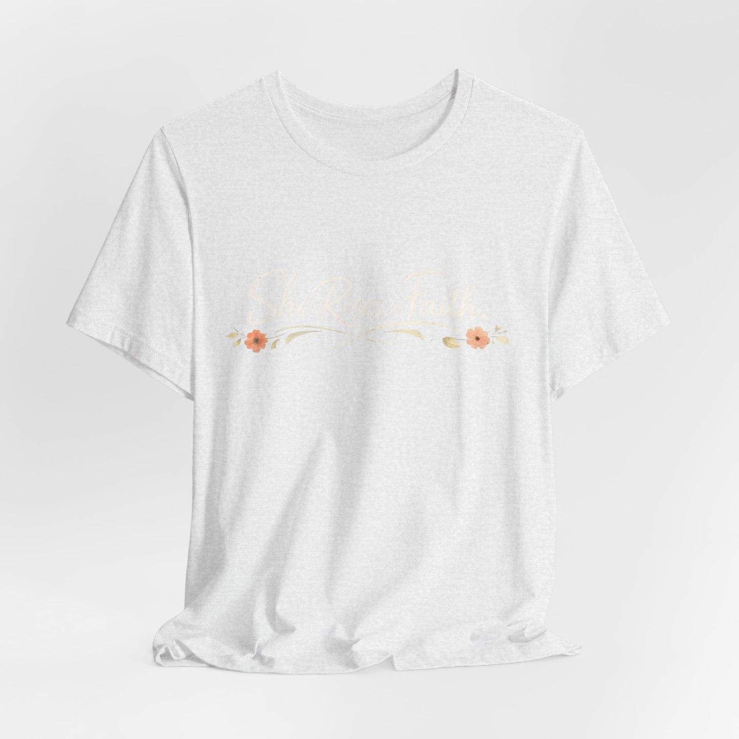 "She Rises In Faith" Chest Tee – Delicate Peach Blossom Graphic