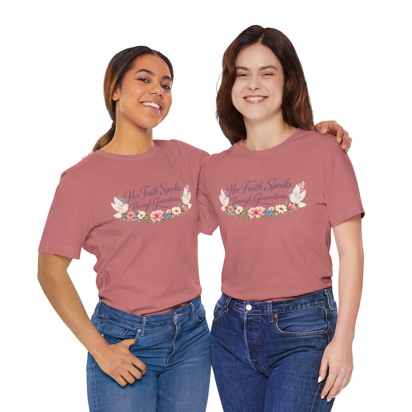 Her Faith Speaks Through Generations T-Shirt — Floral Inspirational Christian Tee