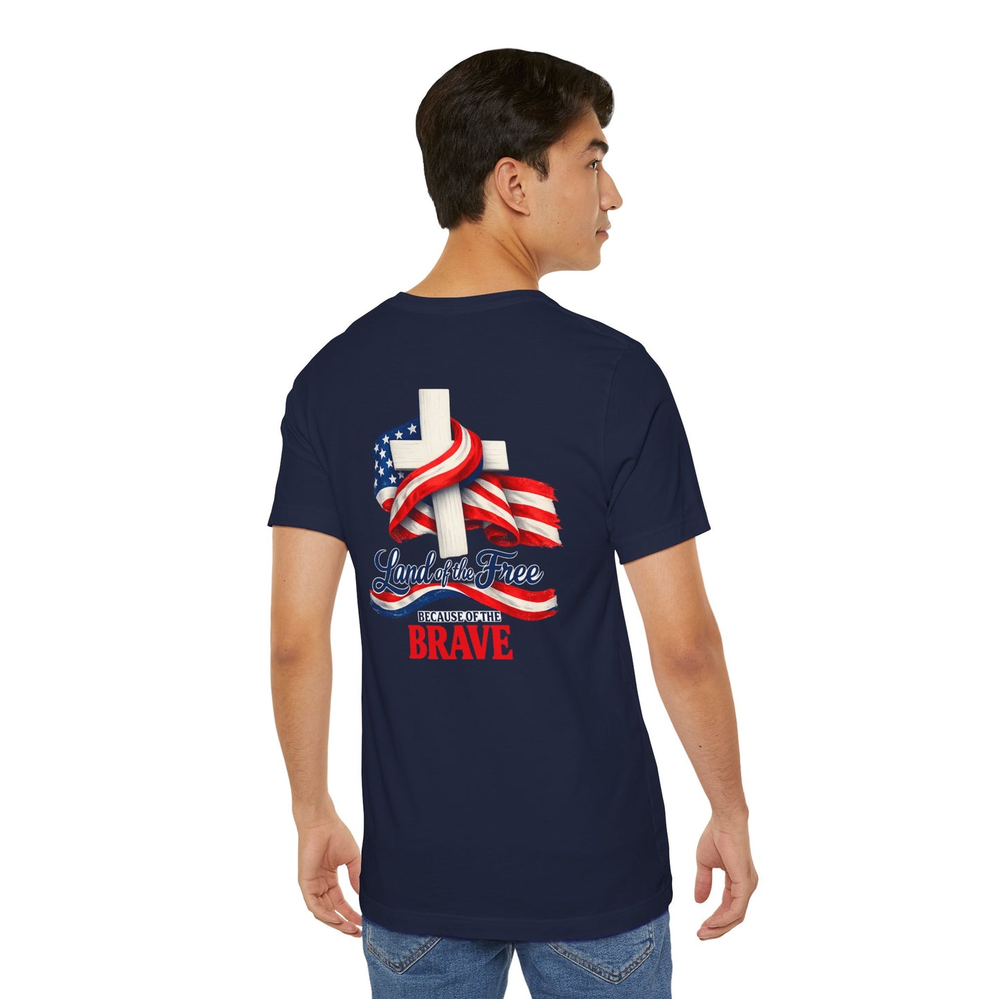Land of the Free Because of the Brave Tee - Patriotic American Flag Cross T-Shirt