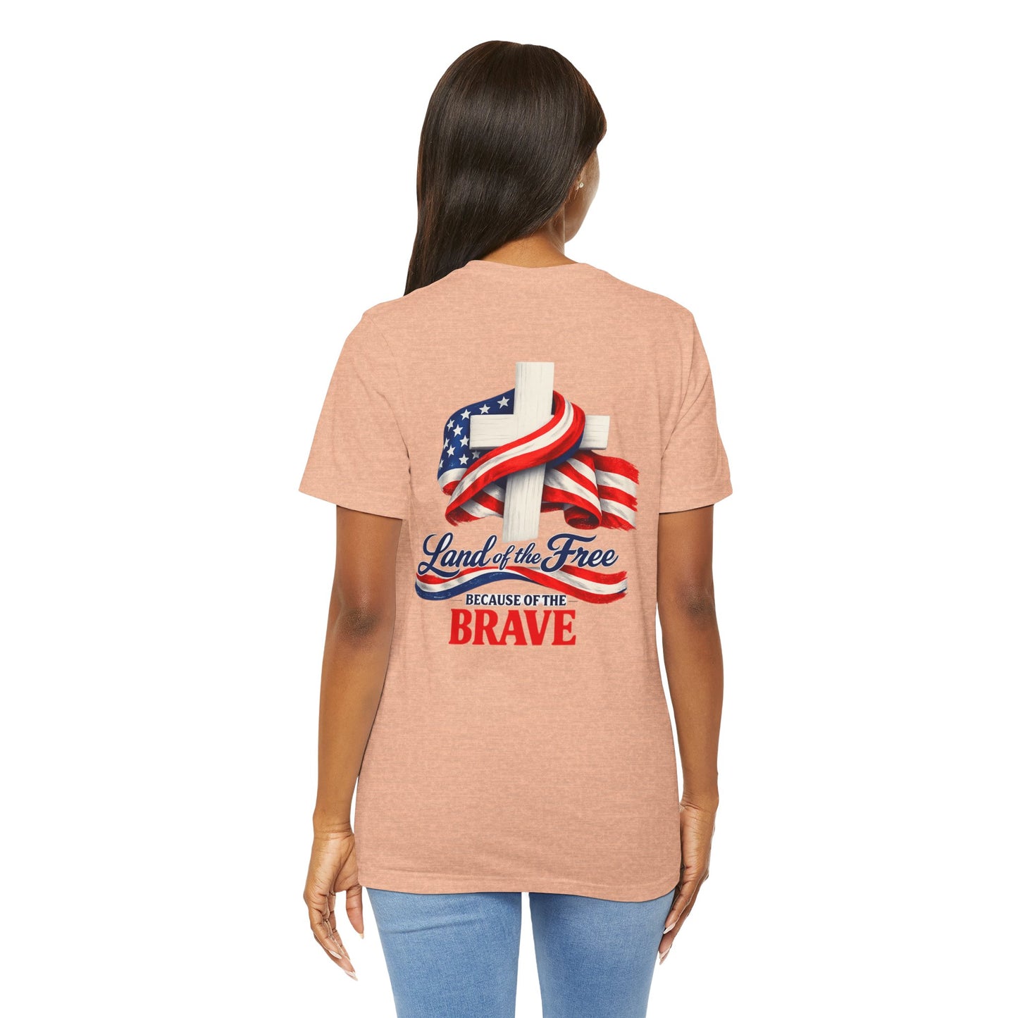 Land of the Free Because of the Brave Tee - Patriotic American Flag Cross T-Shirt