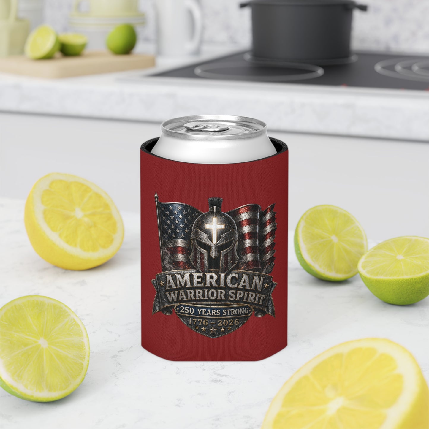 Can Cooler — American Warrior Spirit 250 Years (1776–2026) Patriotic Beer Koozie