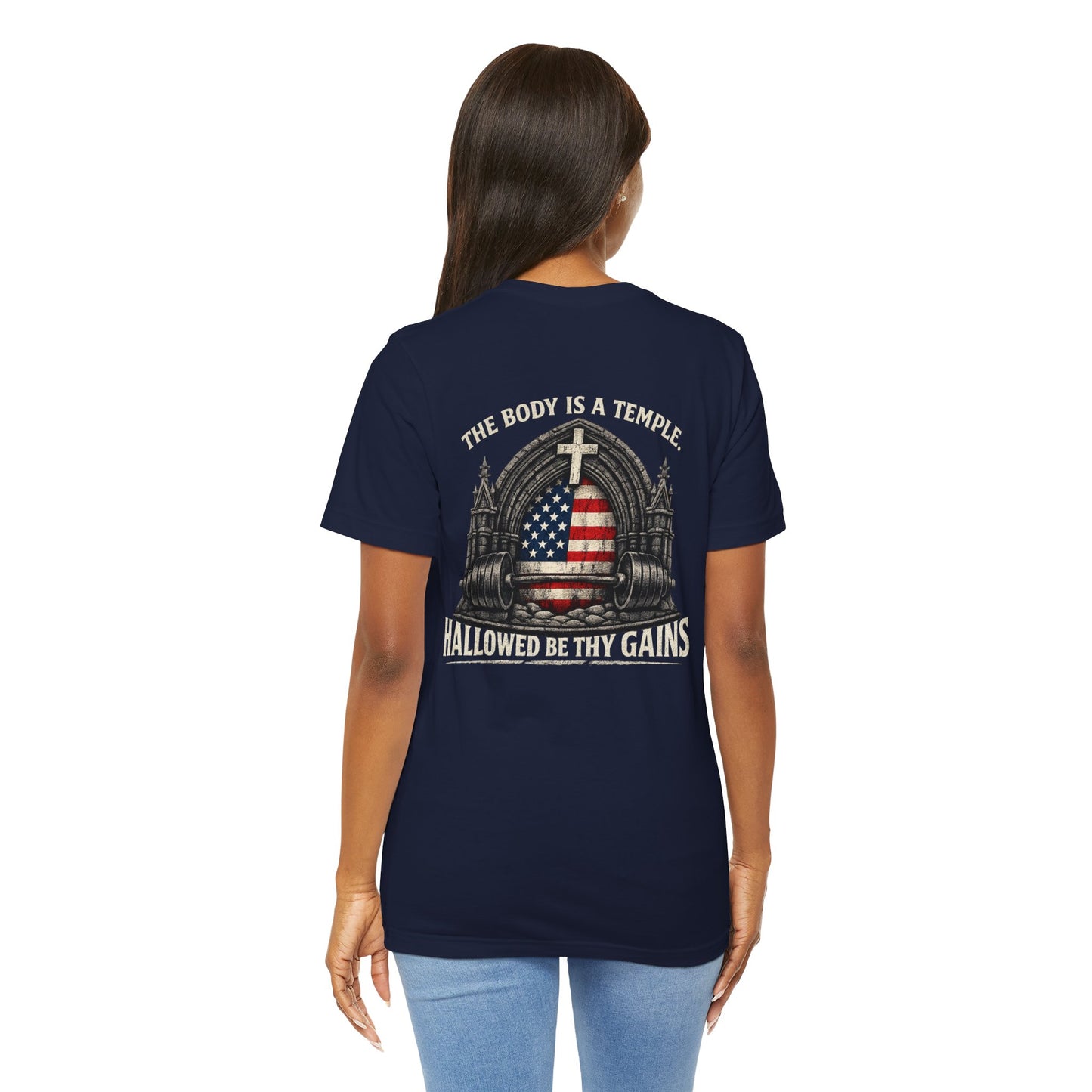 Patriotic Gym Tee — “The Body Is a Temple” American Flag Fitness T-Shirt