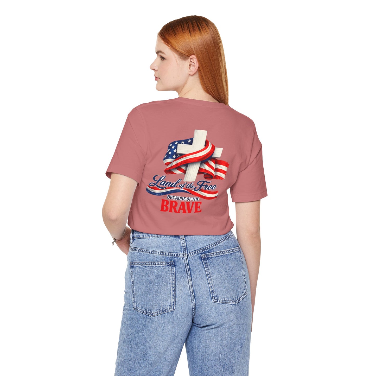 Land of the Free Because of the Brave Tee - Patriotic American Flag Cross T-Shirt