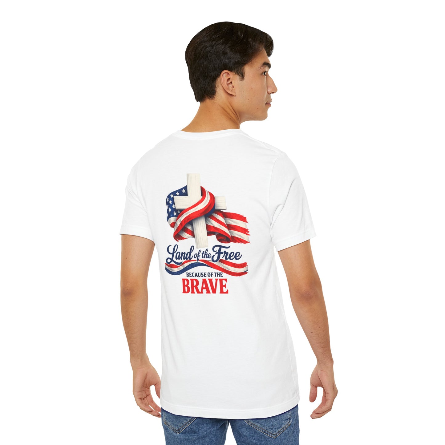 Land of the Free Because of the Brave Tee - Patriotic American Flag Cross T-Shirt