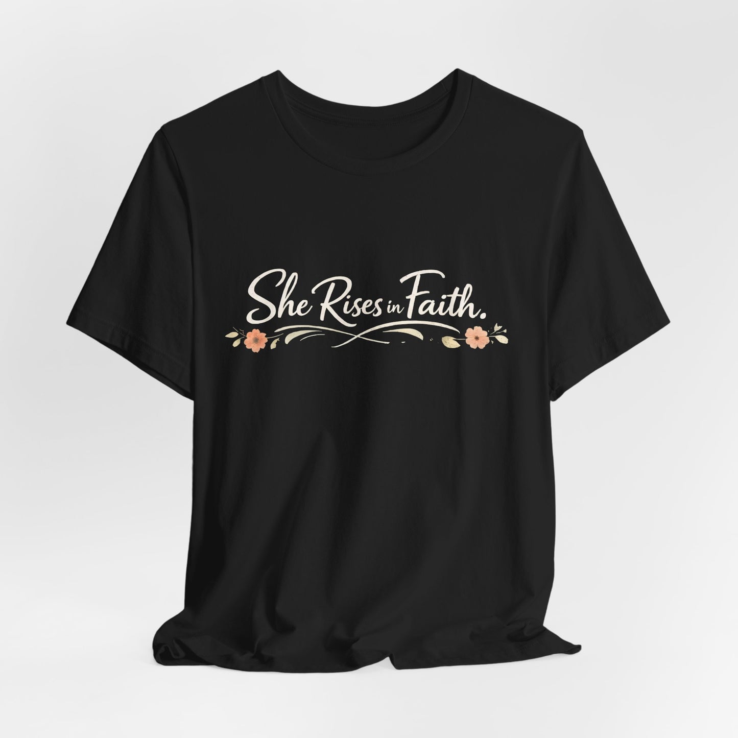"She Rises In Faith" Chest Tee – Delicate Peach Blossom Graphic