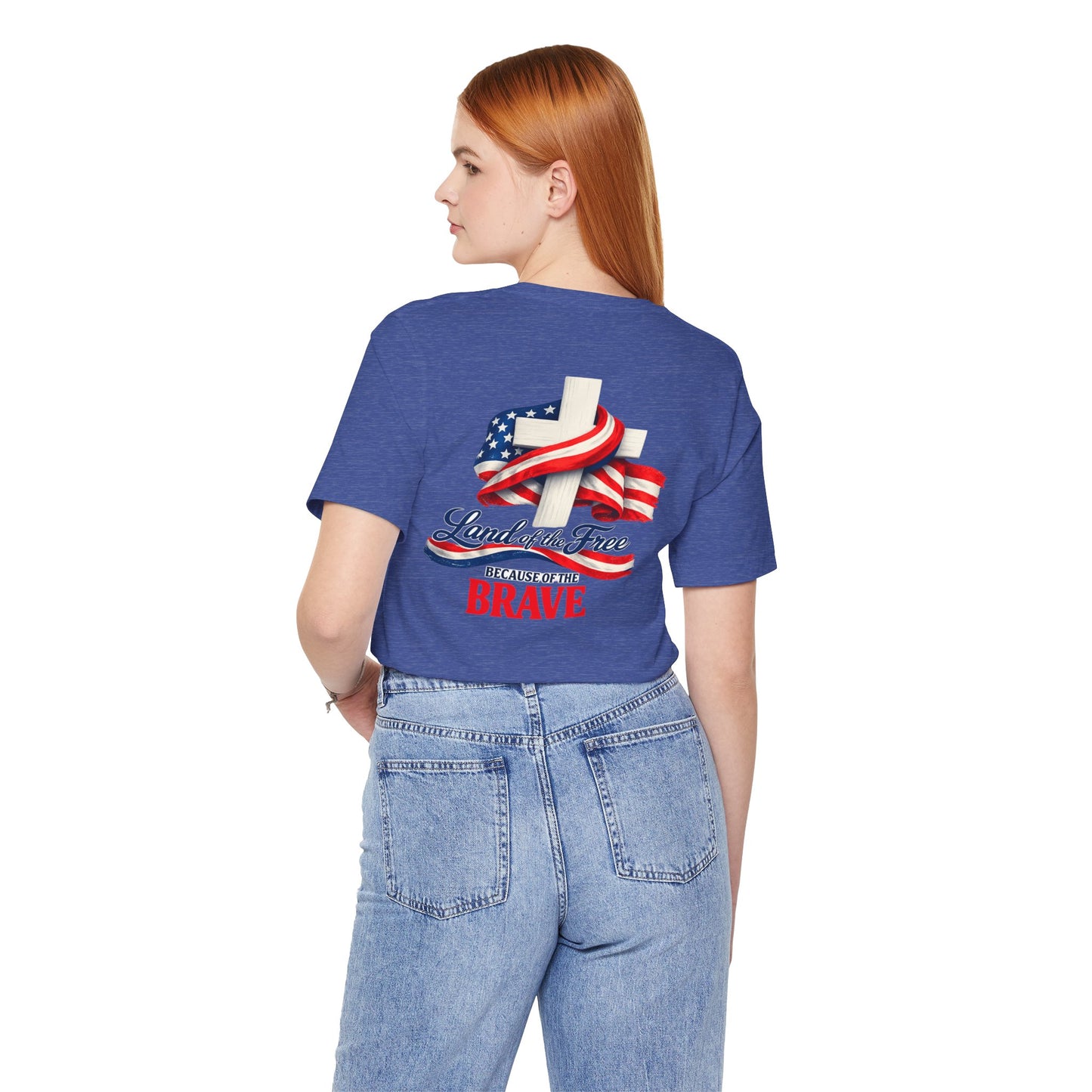 Land of the Free Because of the Brave Tee - Patriotic American Flag Cross T-Shirt