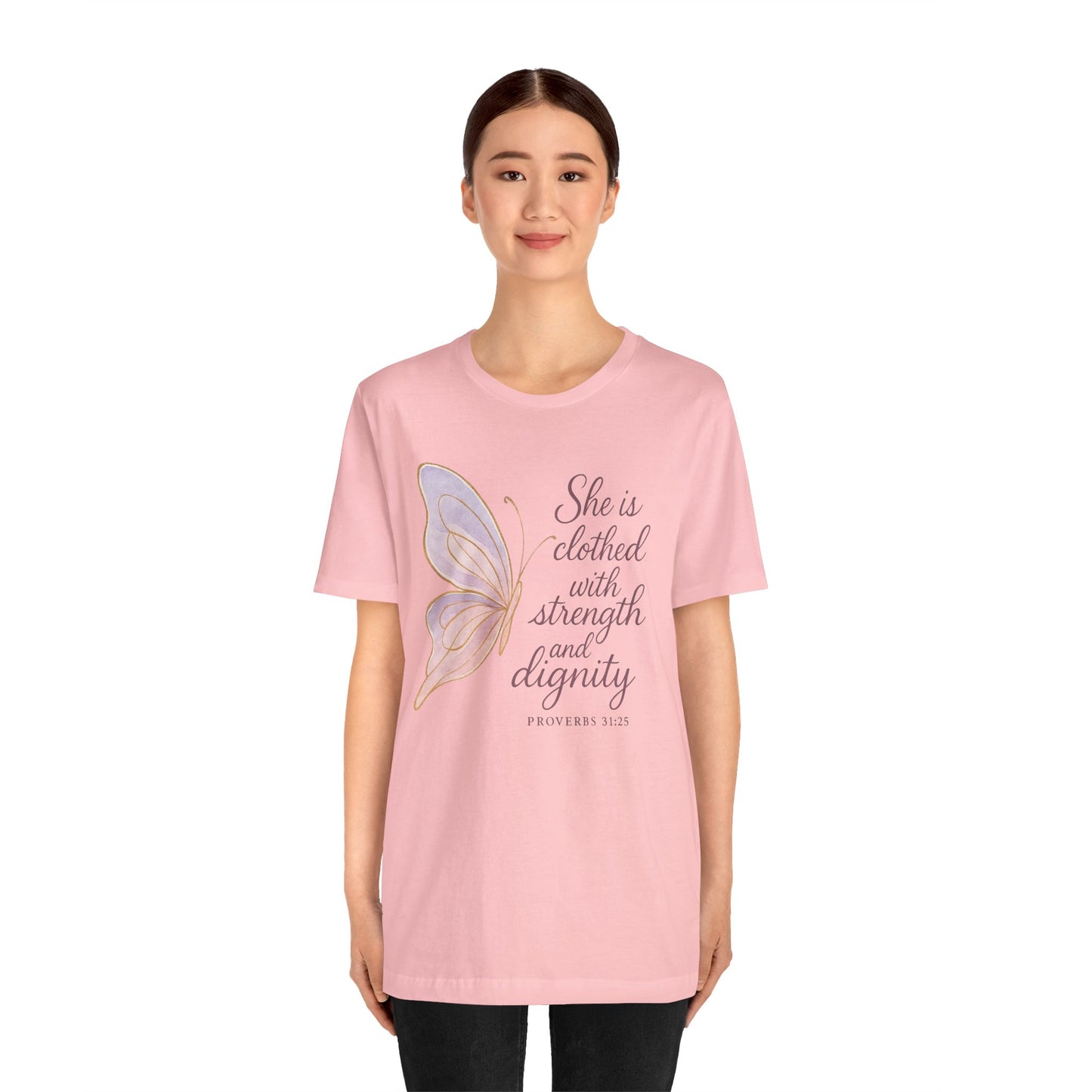 Inspirational "She is clothed with strength and dignity" Butterfly T-Shirt
