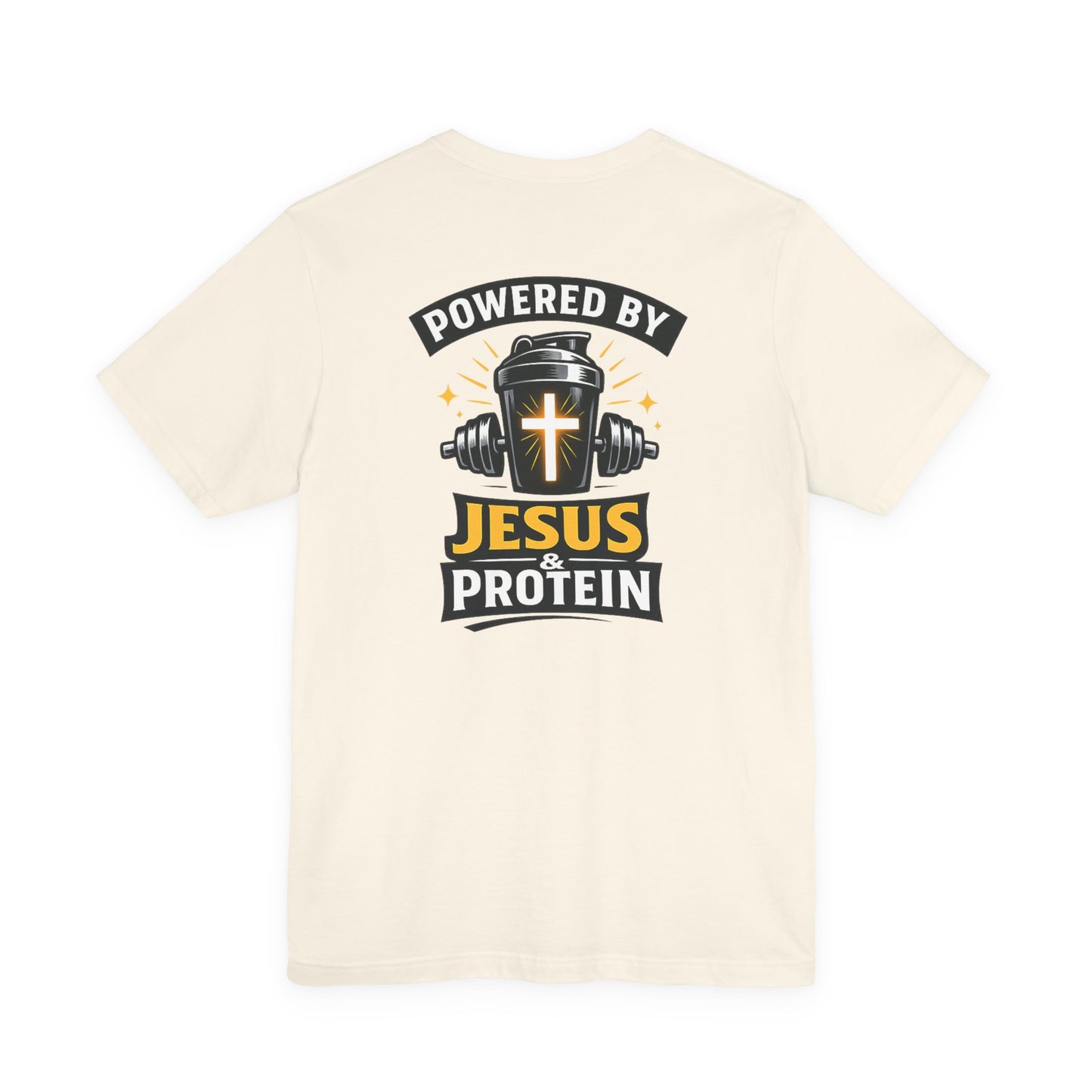 Powered by Jesus & Protein T-Shirt — Christian Gym Fitness Tee