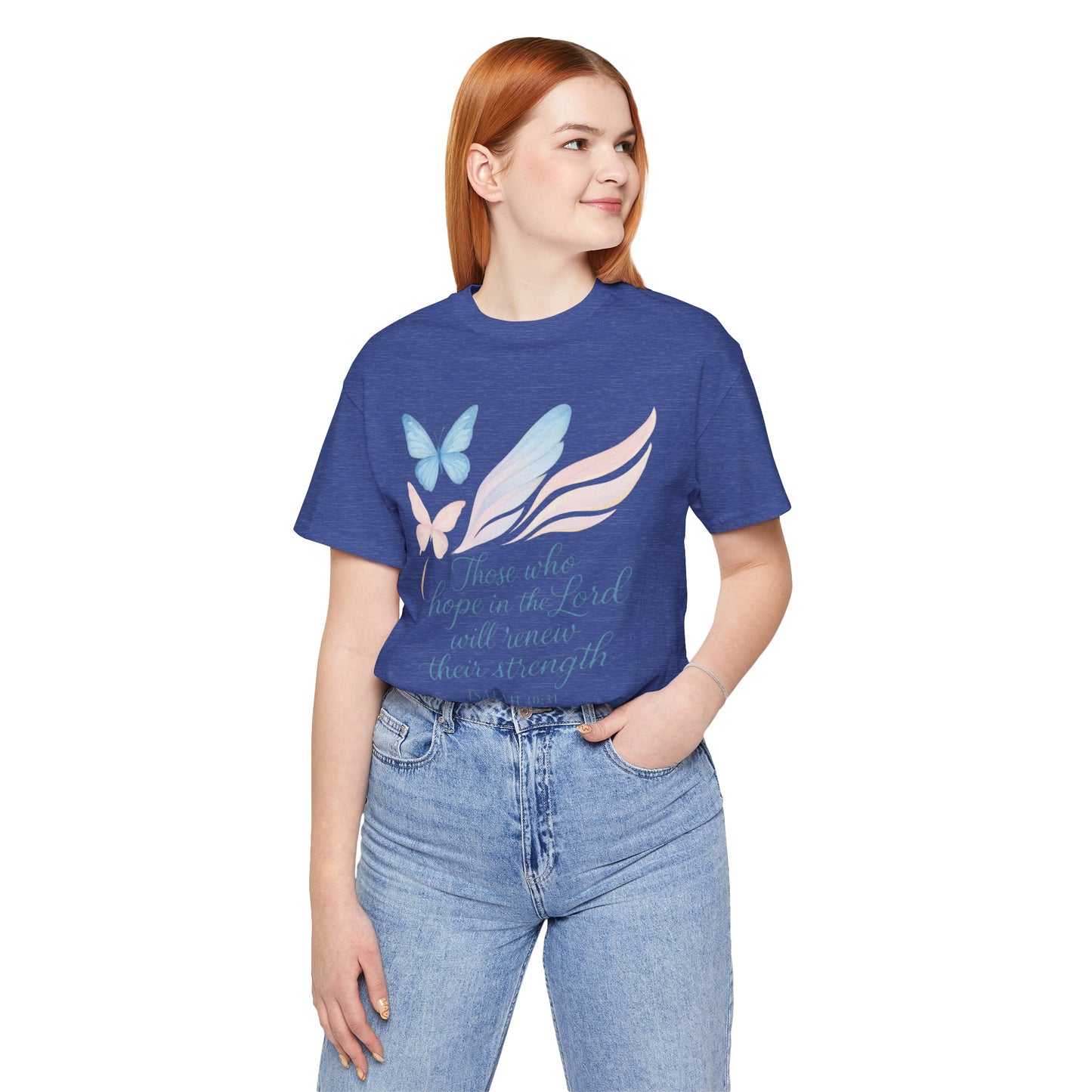 Inspirational Scripture T-Shirt – "Those Who Hope in the Lord" Isaiah 40:31, Pastel Butterflies