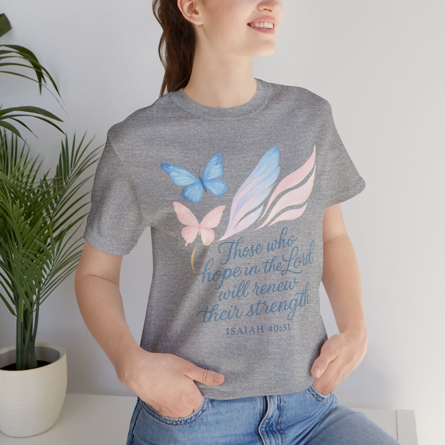 Inspirational Scripture T-Shirt – "Those Who Hope in the Lord" Isaiah 40:31, Pastel Butterflies
