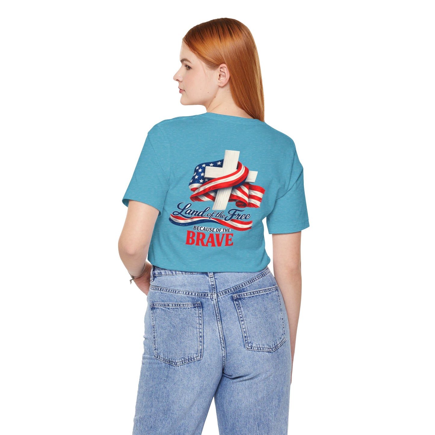Land of the Free Because of the Brave Tee - Patriotic American Flag Cross T-Shirt