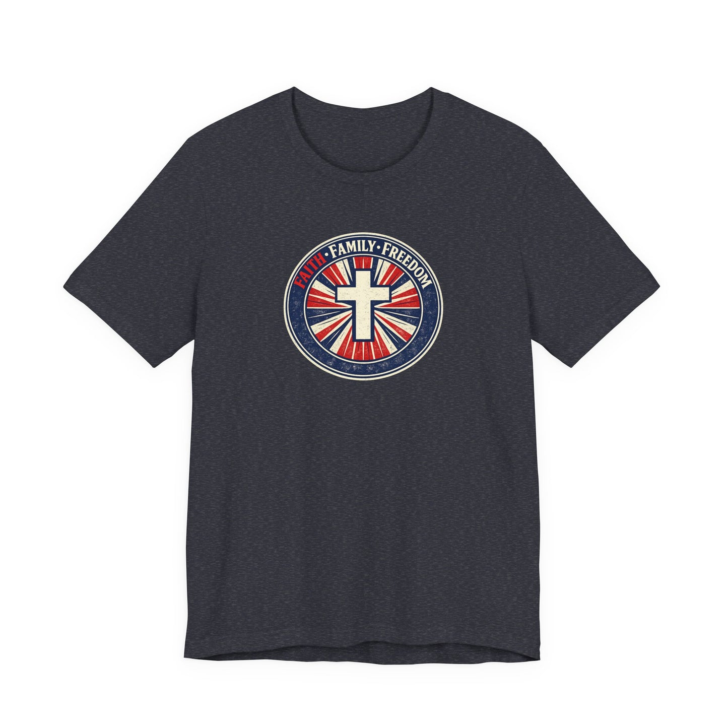 Faith Family Freedom T‑Shirt — Cross Emblem Patriotic Graphic Tee