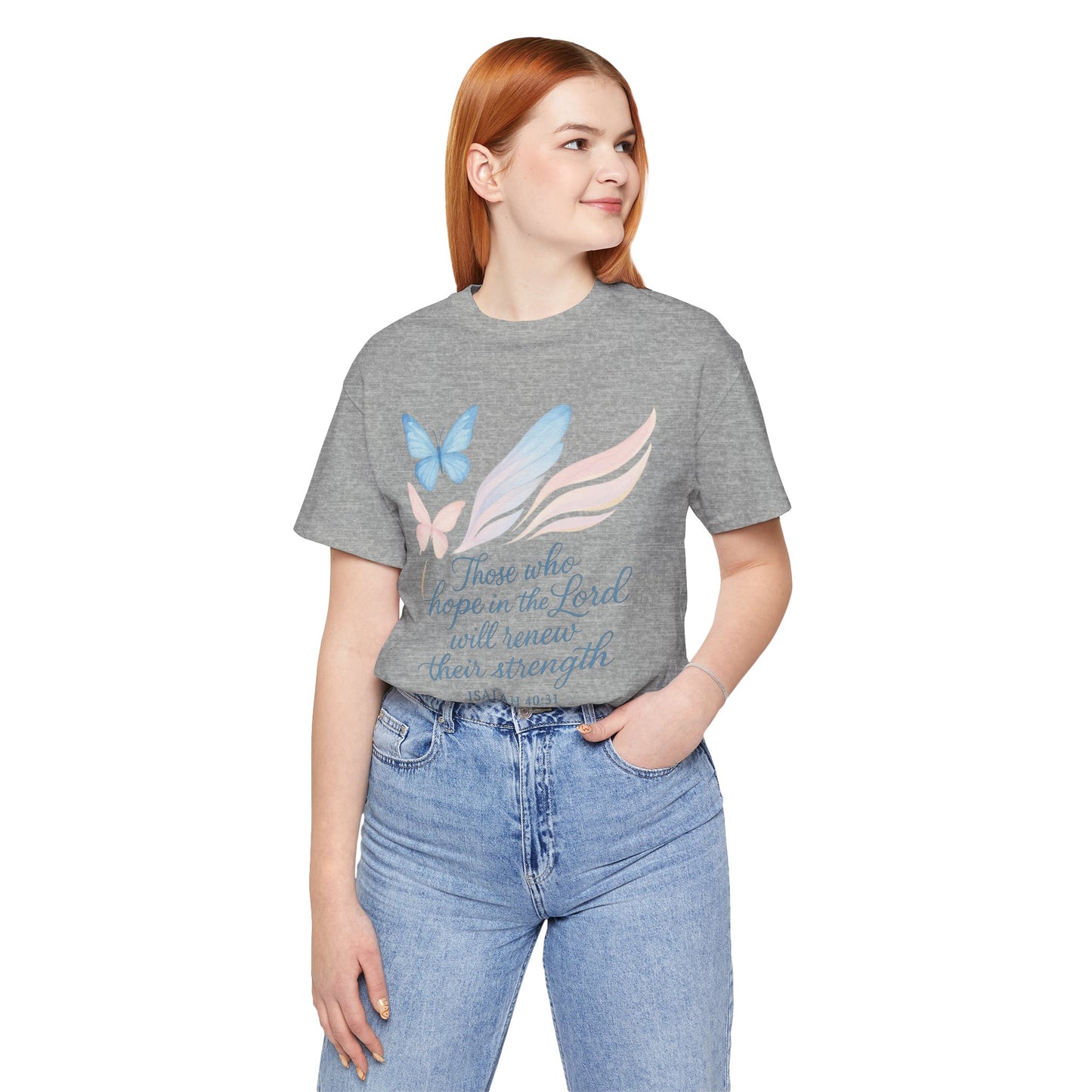 Inspirational Scripture T-Shirt – "Those Who Hope in the Lord" Isaiah 40:31, Pastel Butterflies