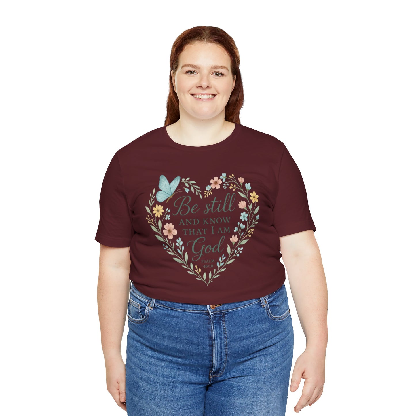 Christian Tee — "Be Still and Know That I Am God" Floral Heart Shirt