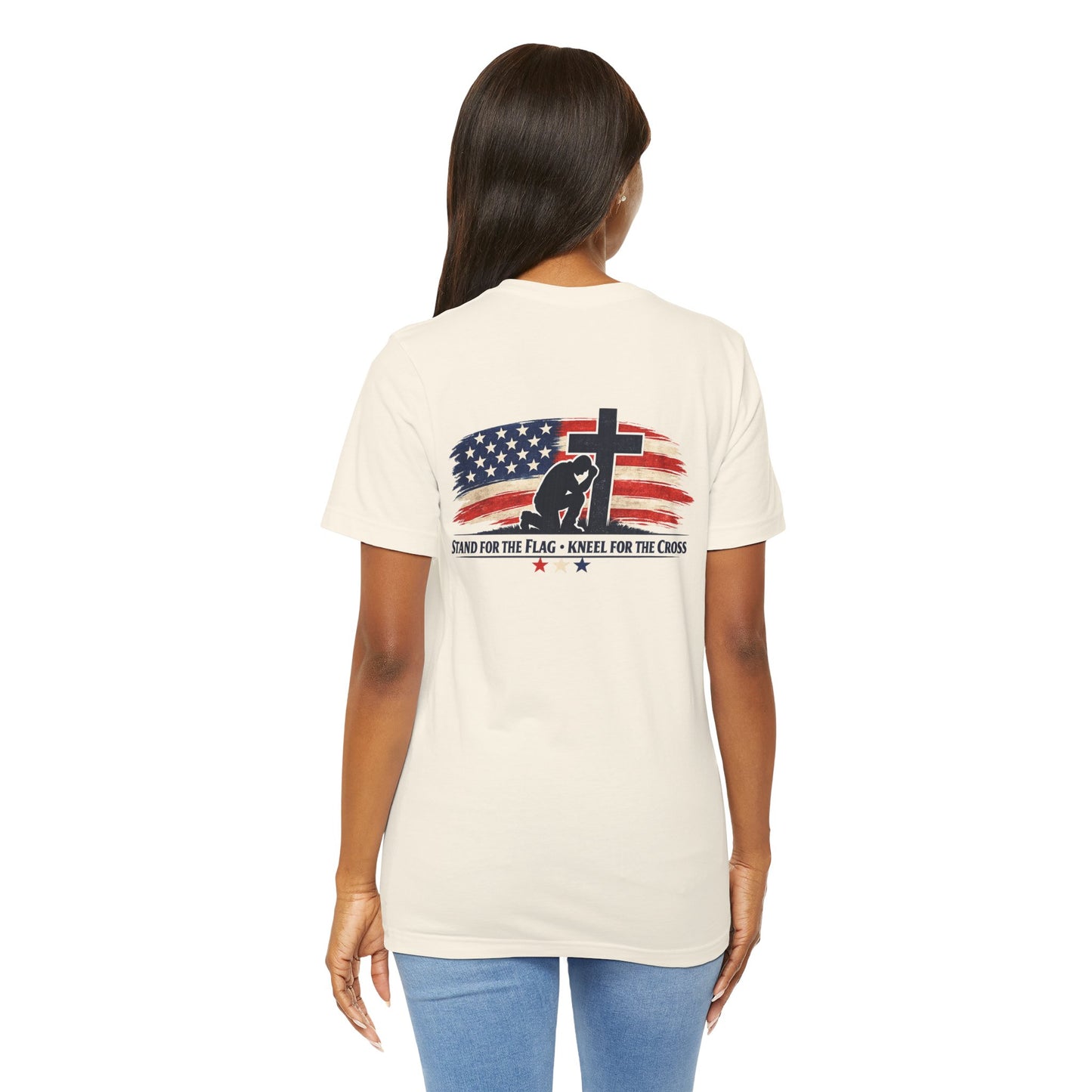 Patriotic Cross Tee – "Stand for the Flag, Kneel for the Cross" Short Sleeve T-Shirt