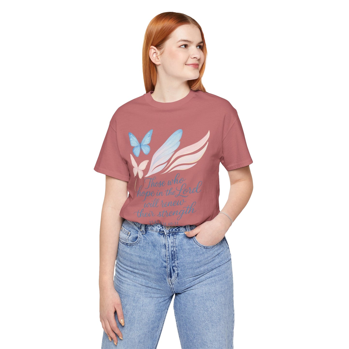 Inspirational Scripture T-Shirt – "Those Who Hope in the Lord" Isaiah 40:31, Pastel Butterflies