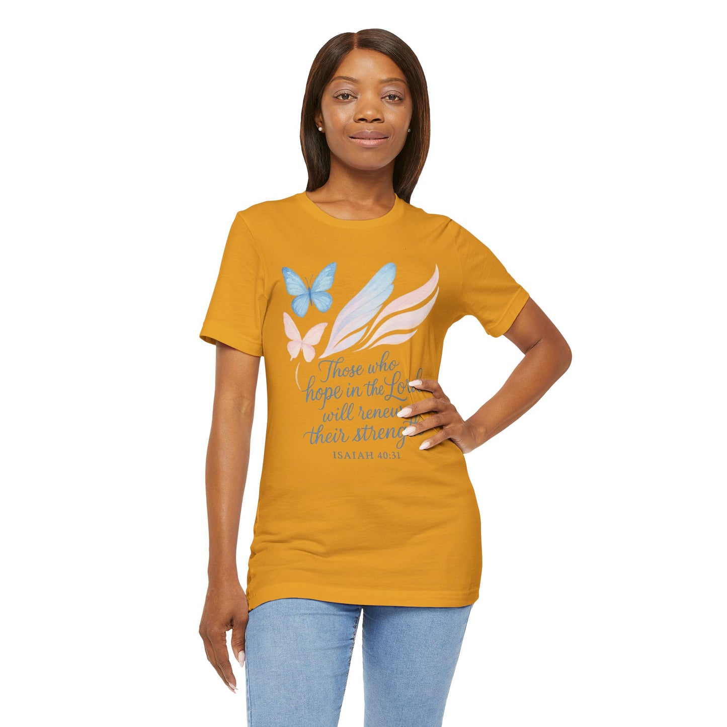 Inspirational Scripture T-Shirt – "Those Who Hope in the Lord" Isaiah 40:31, Pastel Butterflies