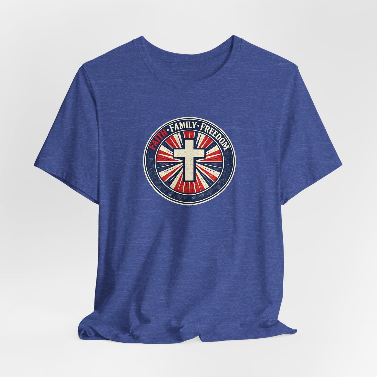 Faith Family Freedom T‑Shirt — Cross Emblem Patriotic Graphic Tee