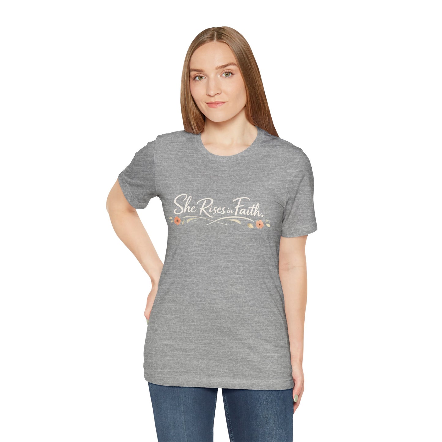 "She Rises In Faith" Chest Tee – Delicate Peach Blossom Graphic