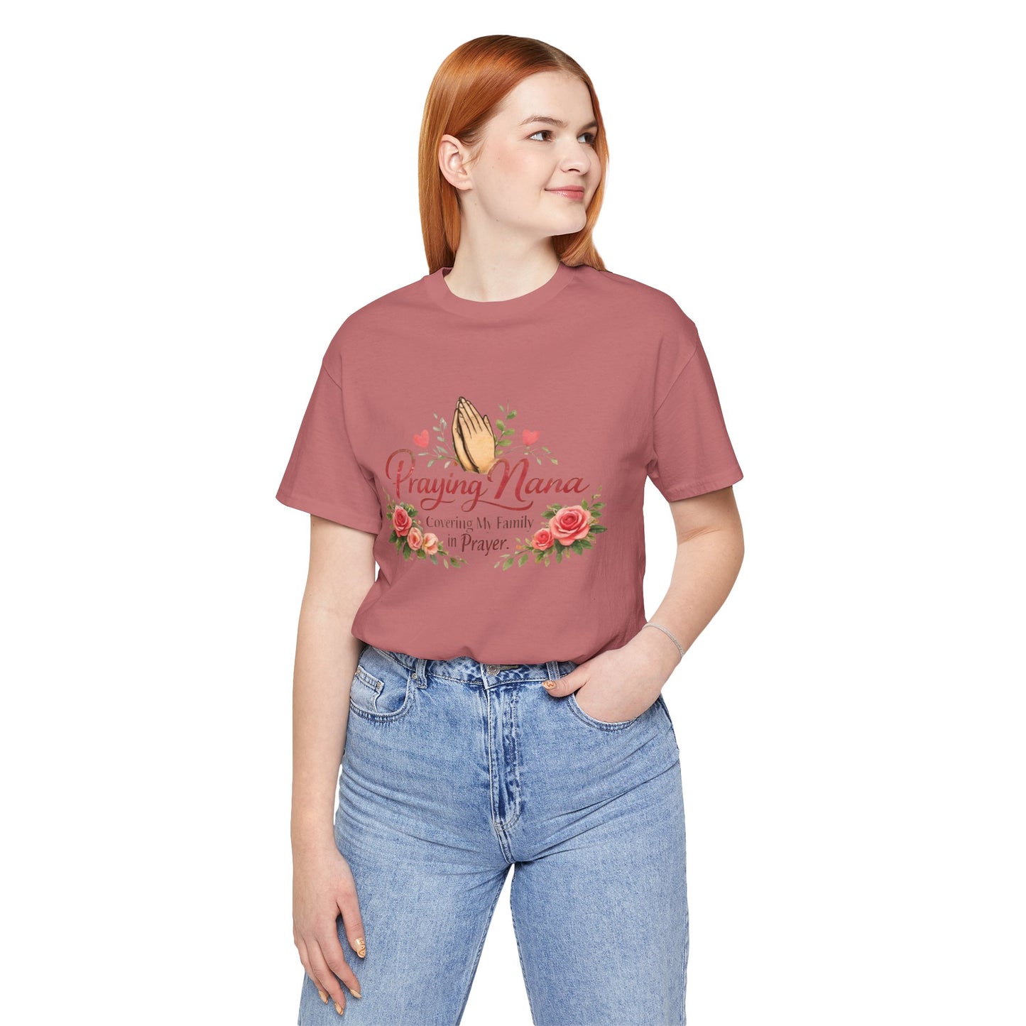 Praying Nana T-Shirt – Floral Praying Hands "Covering My Family in Prayer" Grandma Gift