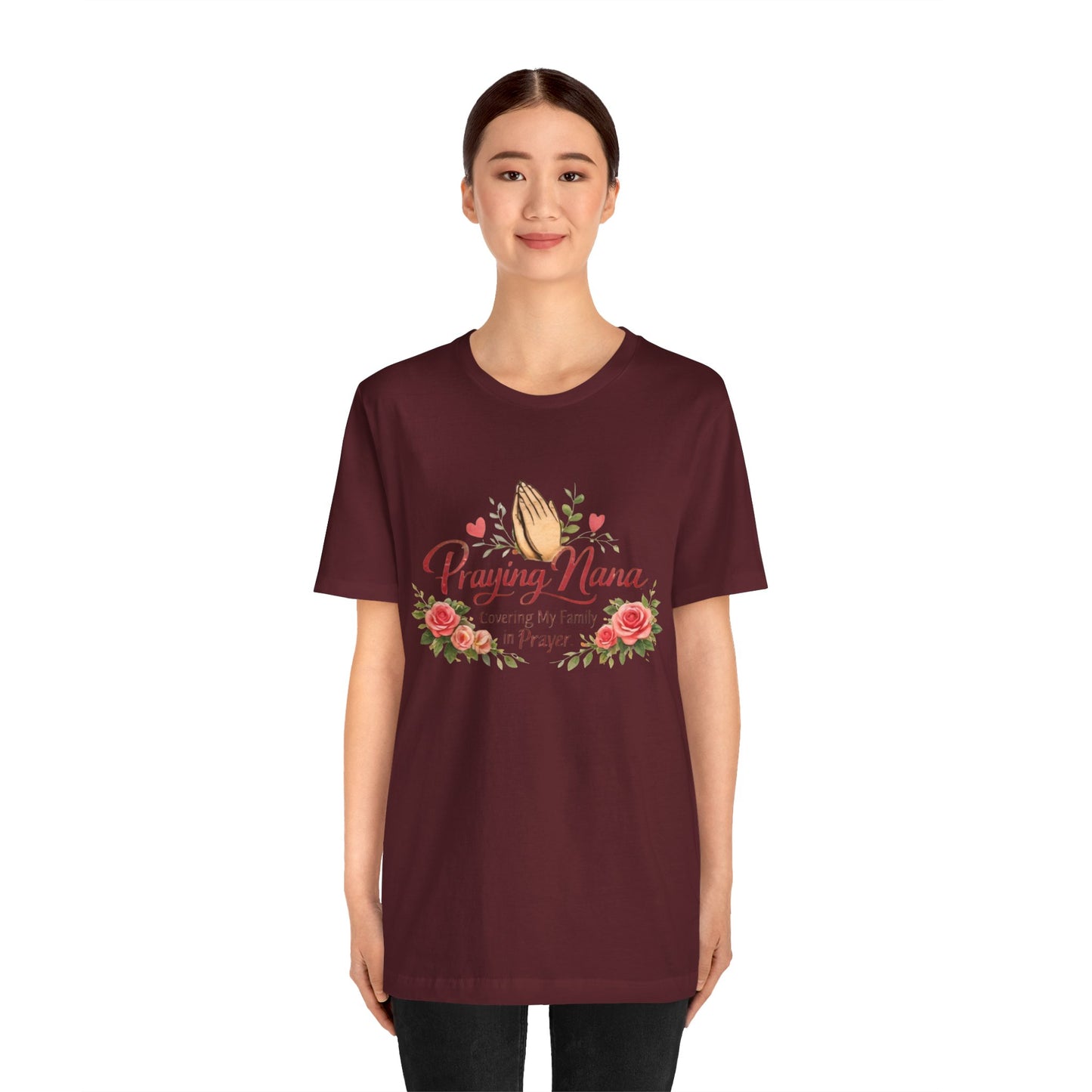 Praying Nana T-Shirt – Floral Praying Hands "Covering My Family in Prayer" Grandma Gift