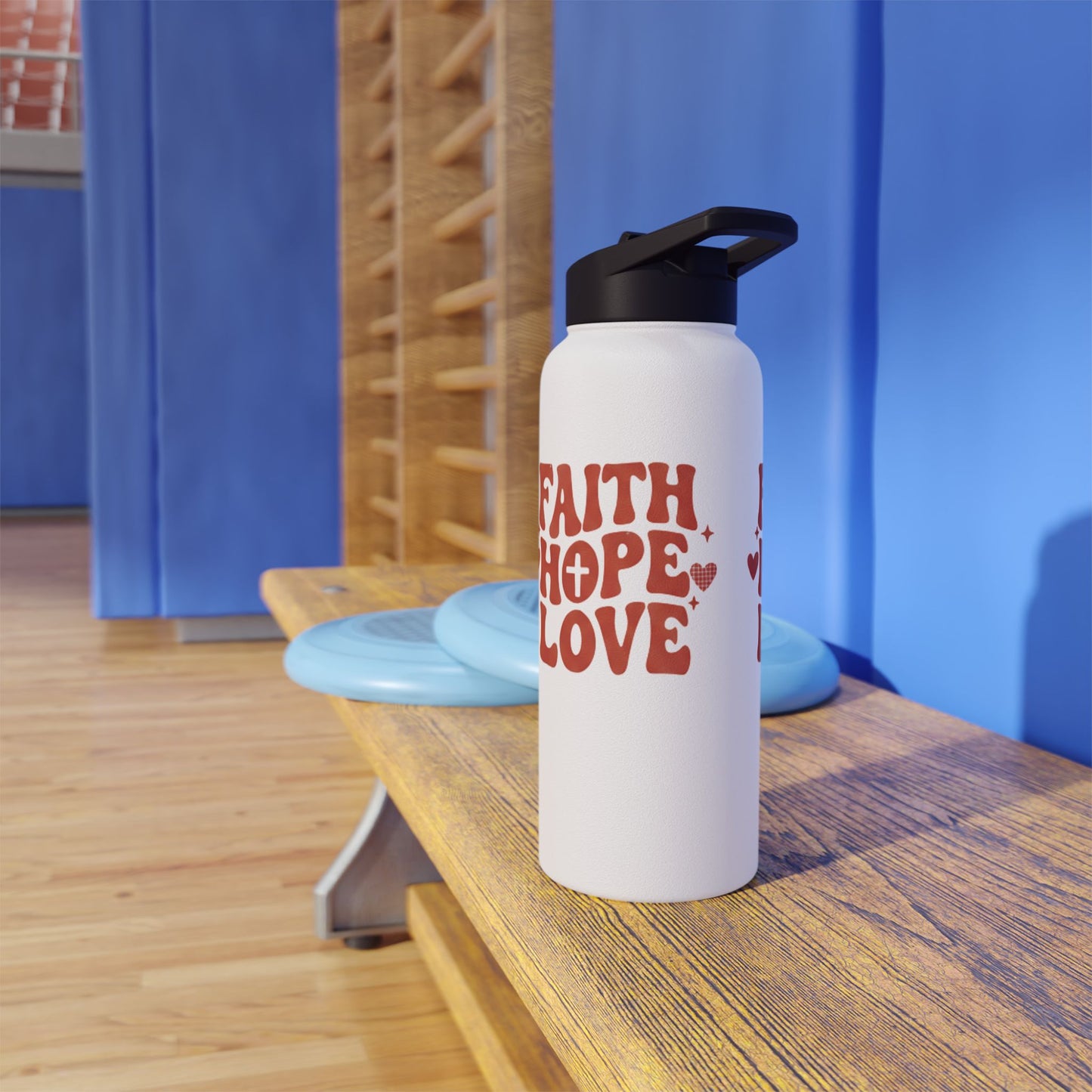 Faith Hope Love Stainless Steel Water Bottle — Retro Heart Typography