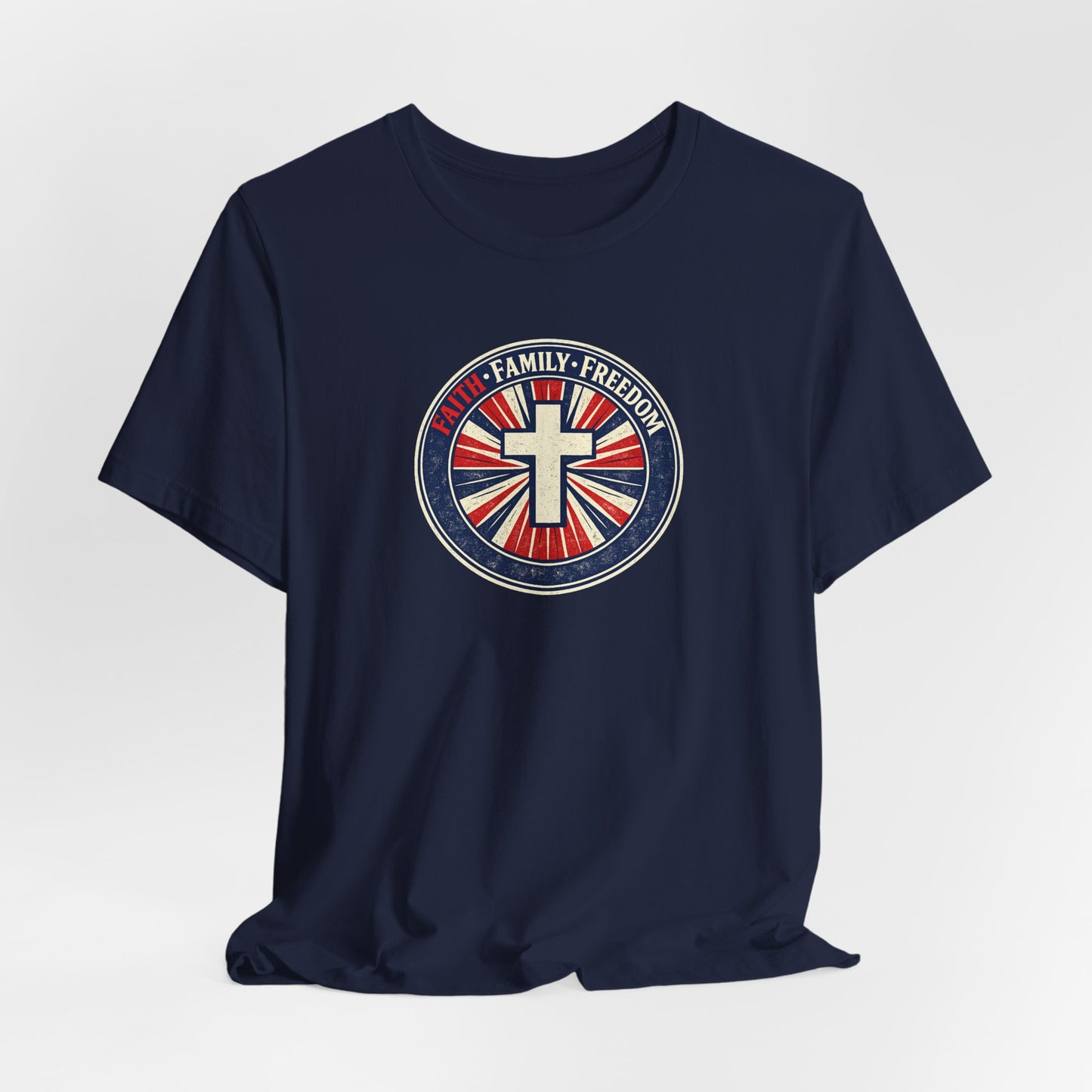 Faith Family Freedom T‑Shirt — Cross Emblem Patriotic Graphic Tee