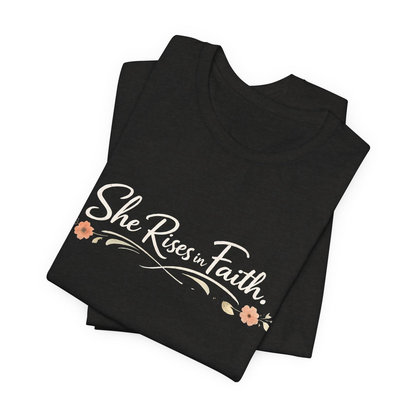 "She Rises In Faith" Chest Tee – Delicate Peach Blossom Graphic
