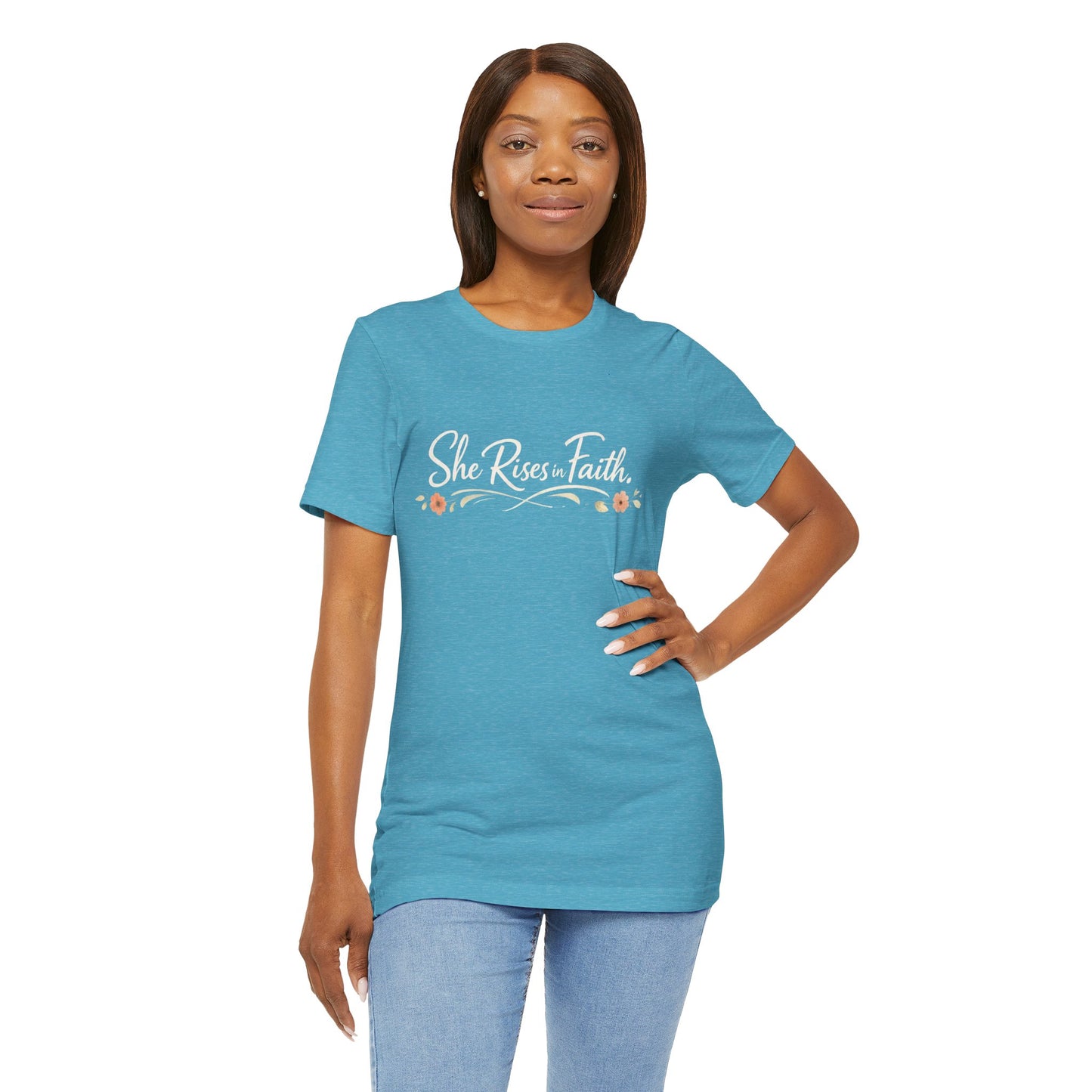 "She Rises In Faith" Chest Tee – Delicate Peach Blossom Graphic