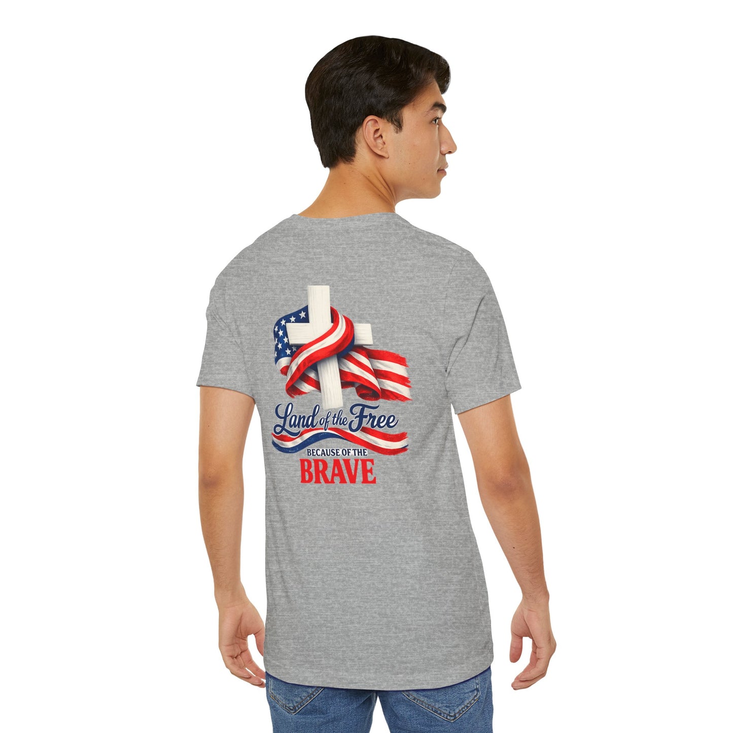 Land of the Free Because of the Brave Tee - Patriotic American Flag Cross T-Shirt