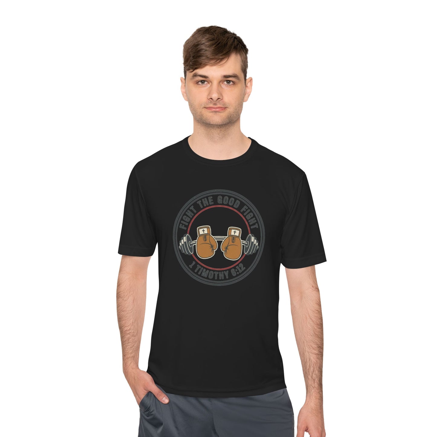 1 Timothy 6:12 'Fight the Good Fight' Moisture-Wicking Workout Tee