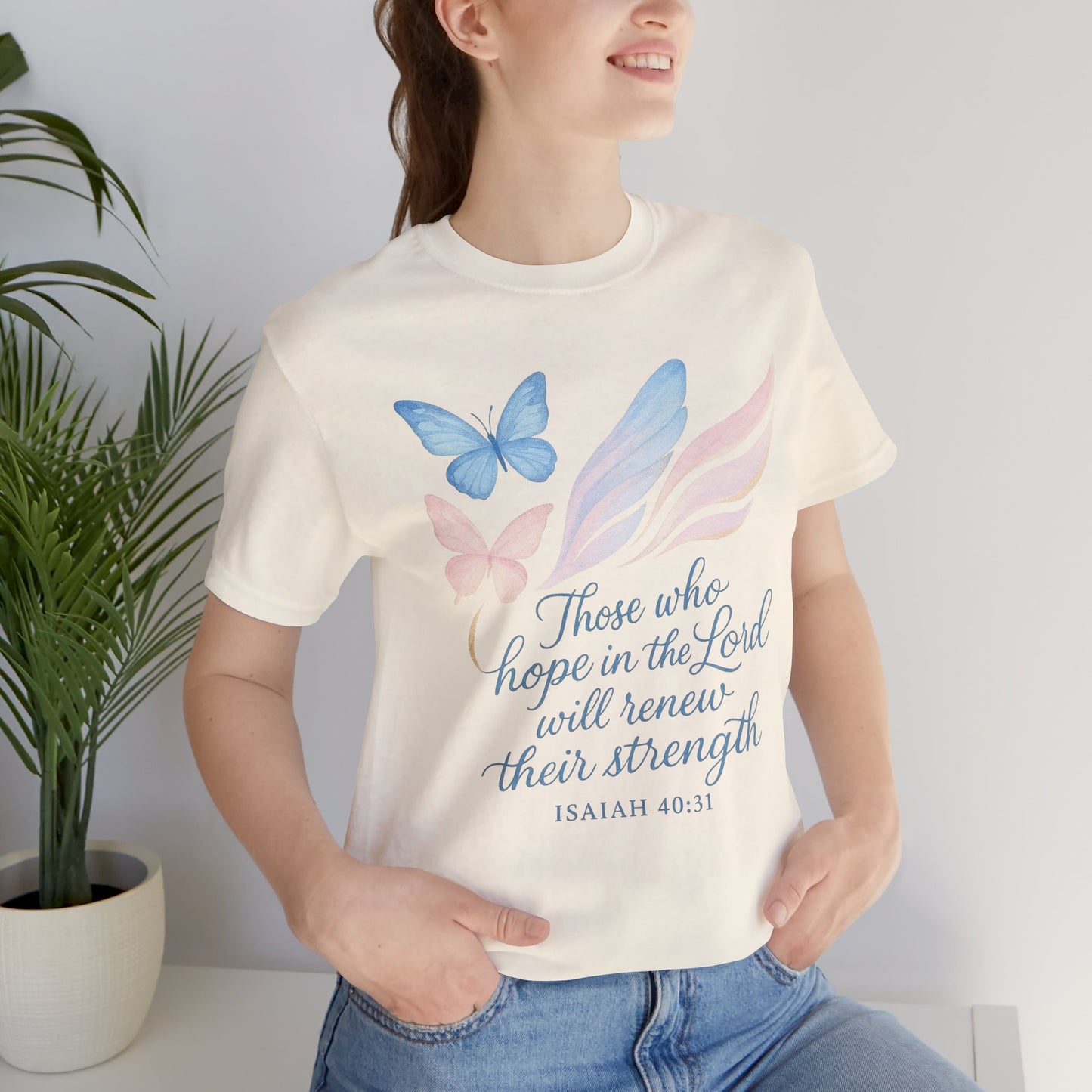 Inspirational Scripture T-Shirt – "Those Who Hope in the Lord" Isaiah 40:31, Pastel Butterflies