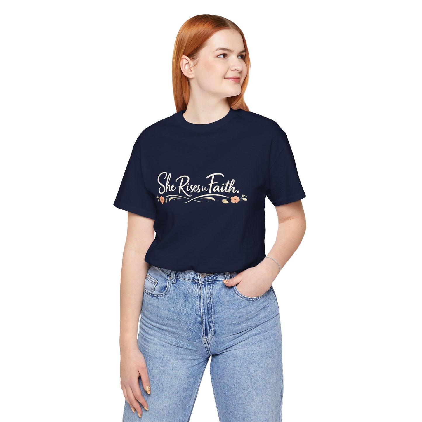 "She Rises In Faith" Chest Tee – Delicate Peach Blossom Graphic