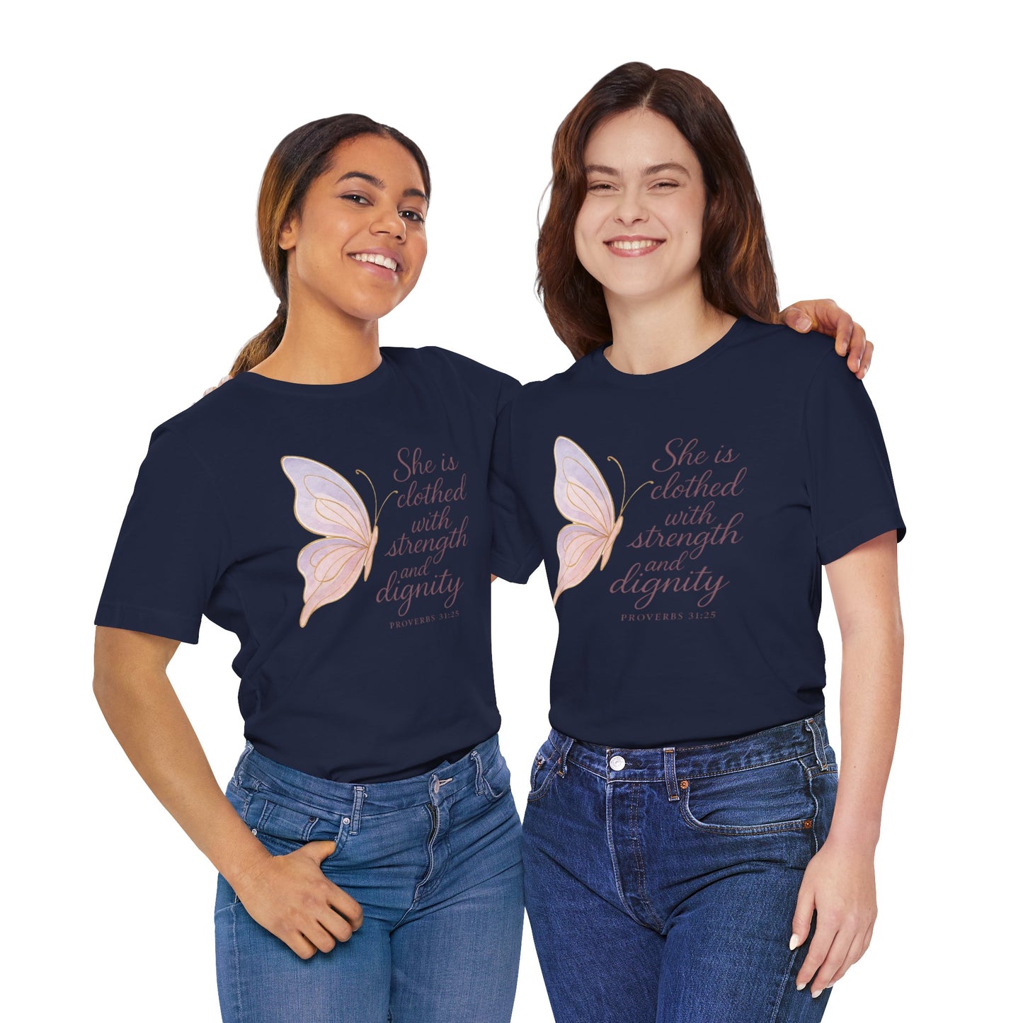 Inspirational "She is clothed with strength and dignity" Butterfly T-Shirt
