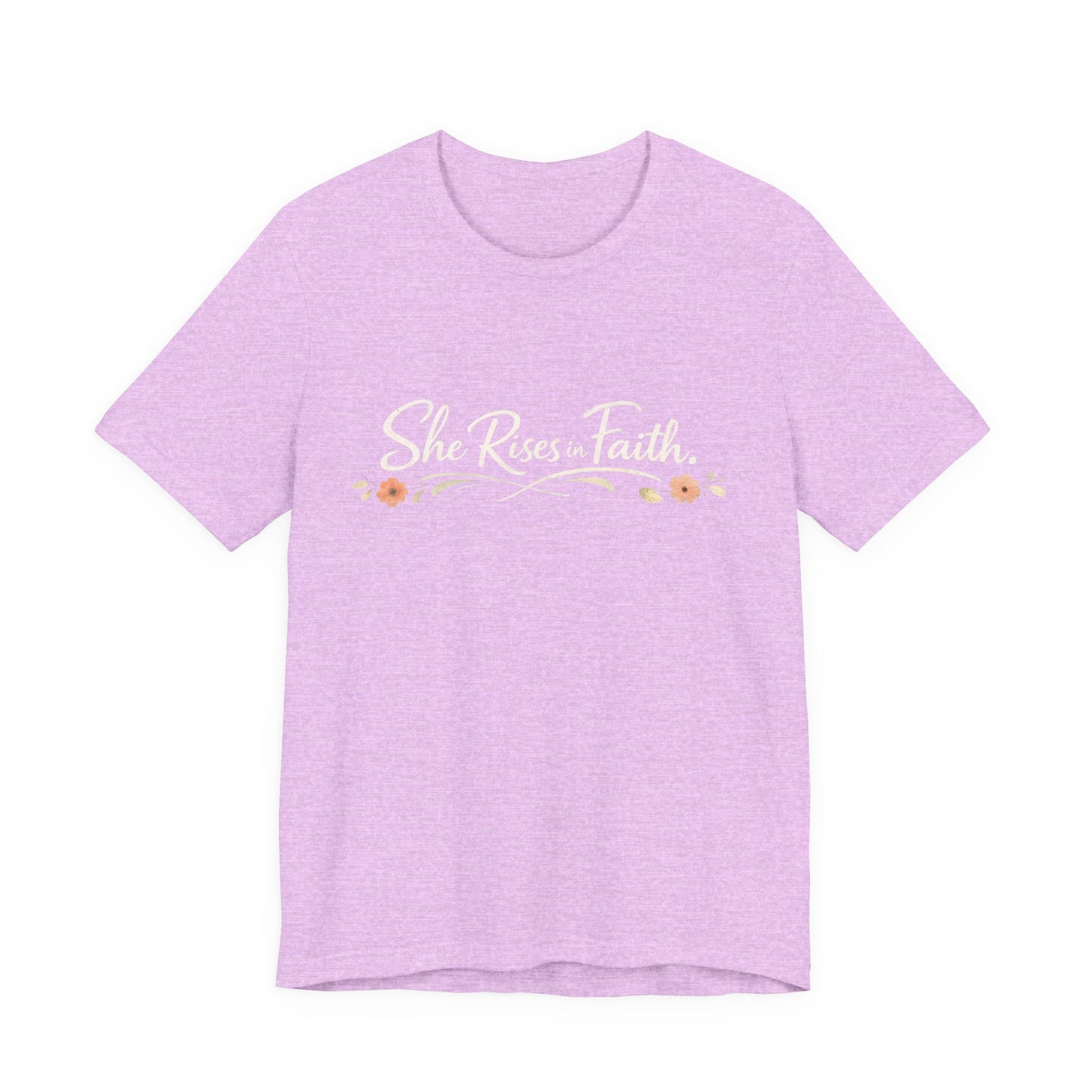"She Rises In Faith" Chest Tee – Delicate Peach Blossom Graphic