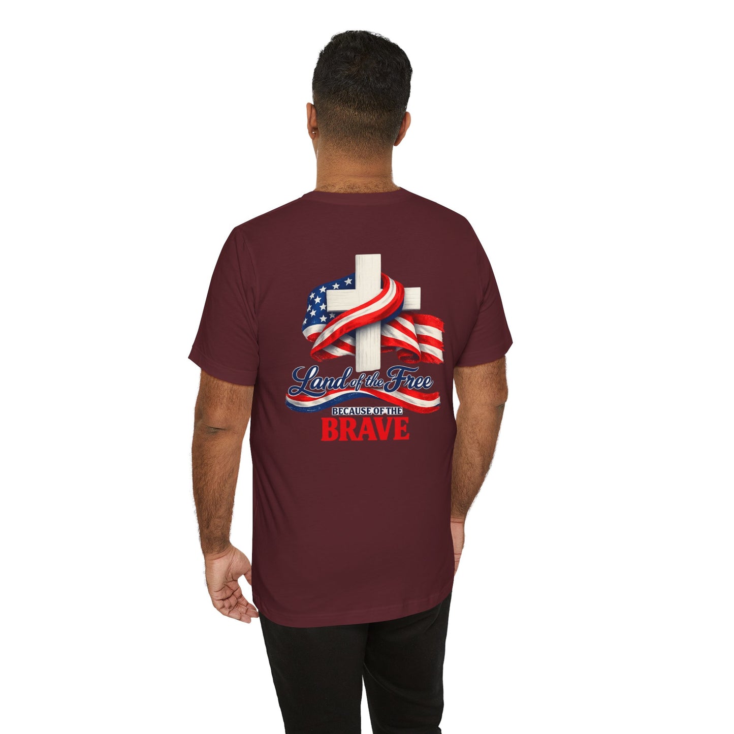Land of the Free Because of the Brave Tee - Patriotic American Flag Cross T-Shirt