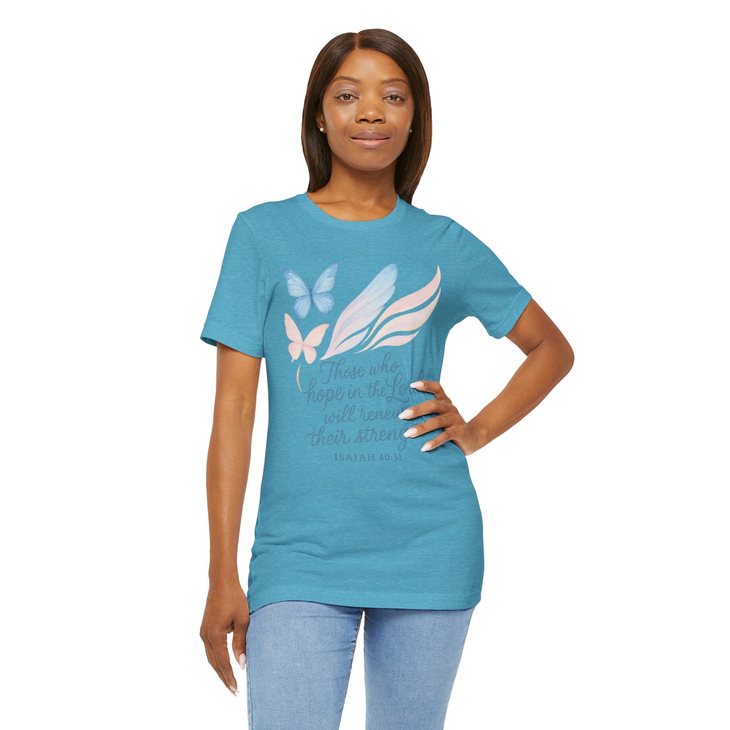 Inspirational Scripture T-Shirt – "Those Who Hope in the Lord" Isaiah 40:31, Pastel Butterflies