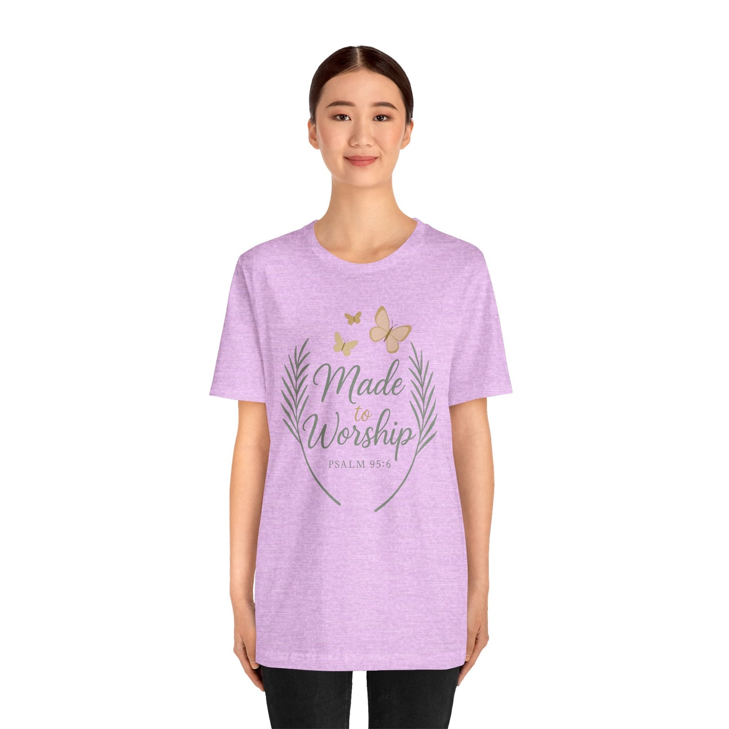 Made to Worship T-Shirt – Psalm 95:6 Christian Faith Tee with Butterflies