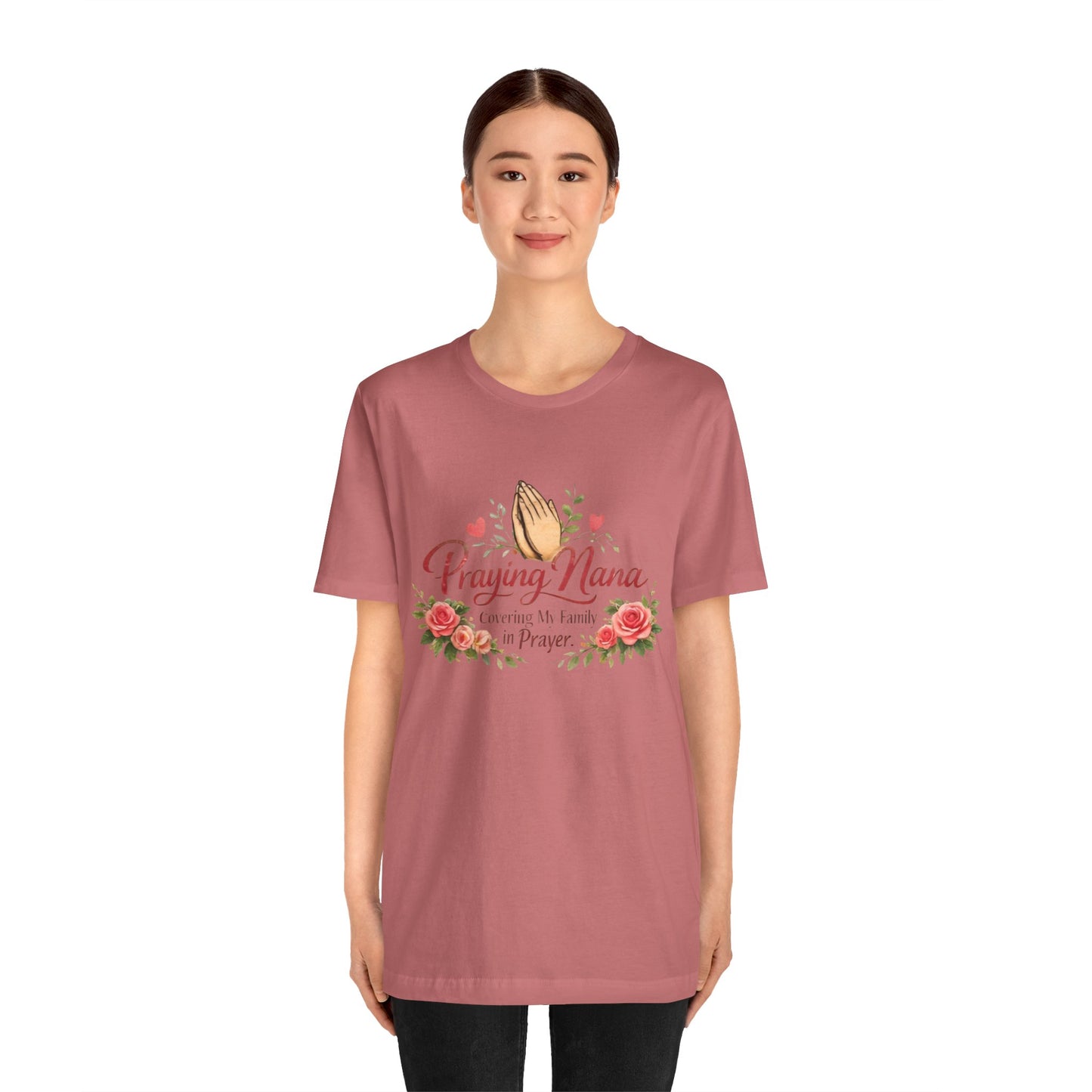 Praying Nana T-Shirt – Floral Praying Hands "Covering My Family in Prayer" Grandma Gift