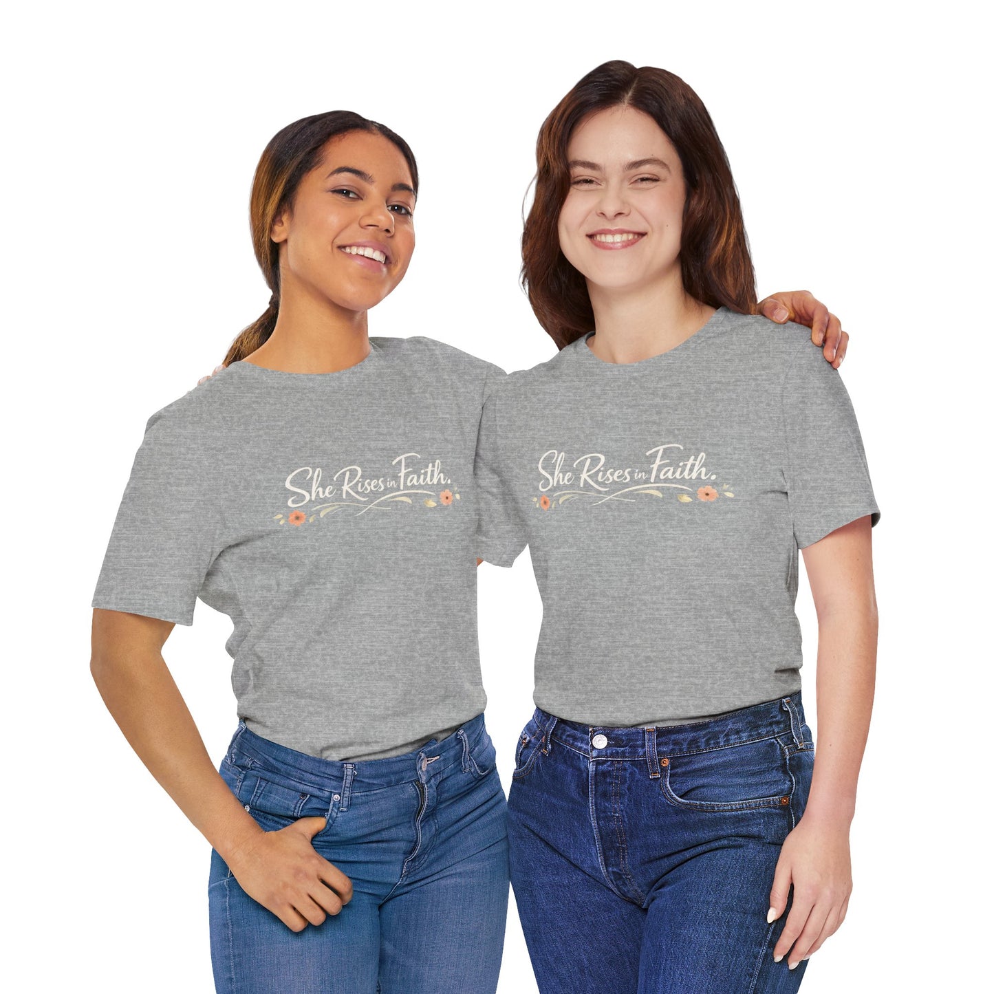 "She Rises In Faith" Chest Tee – Delicate Peach Blossom Graphic