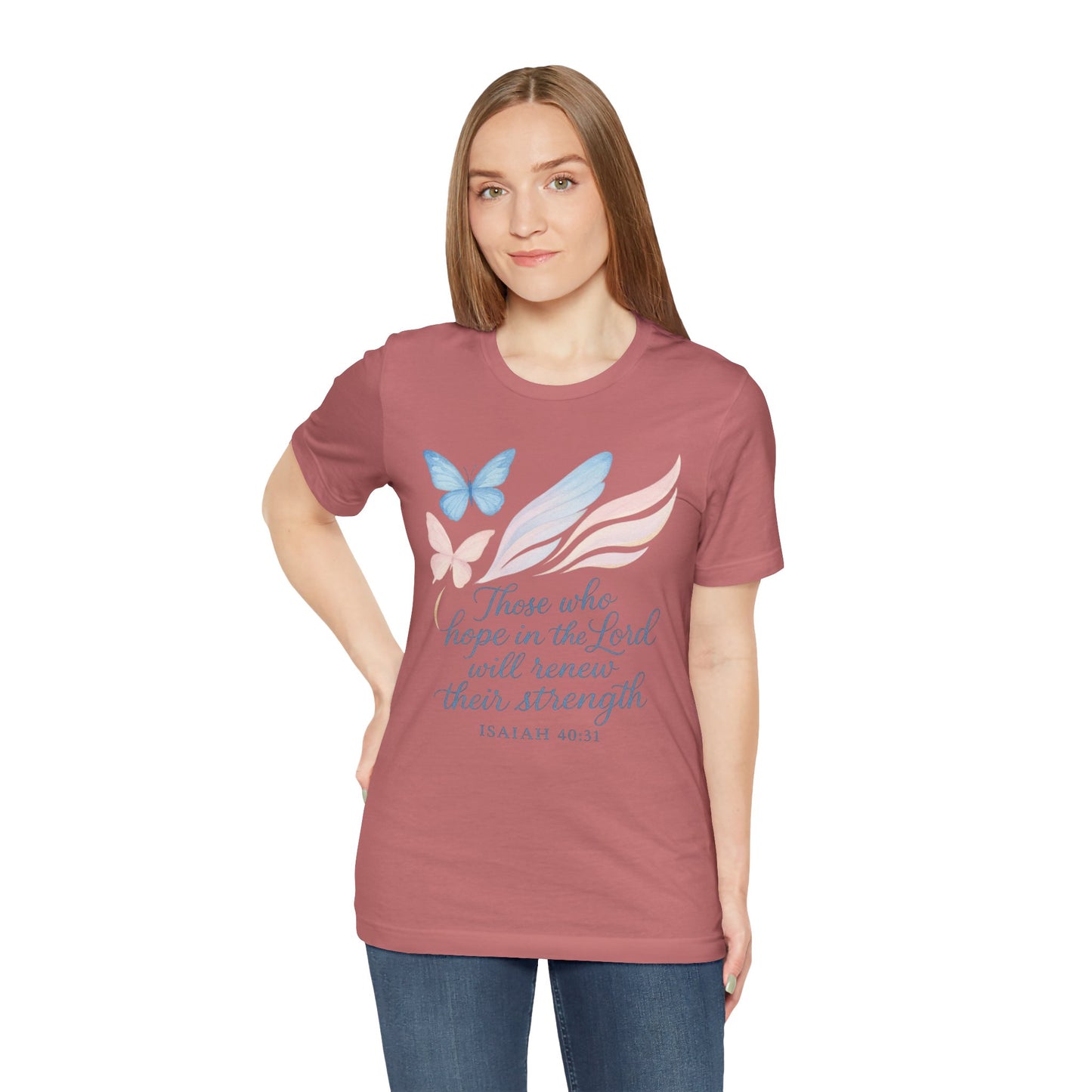 Inspirational Scripture T-Shirt – "Those Who Hope in the Lord" Isaiah 40:31, Pastel Butterflies